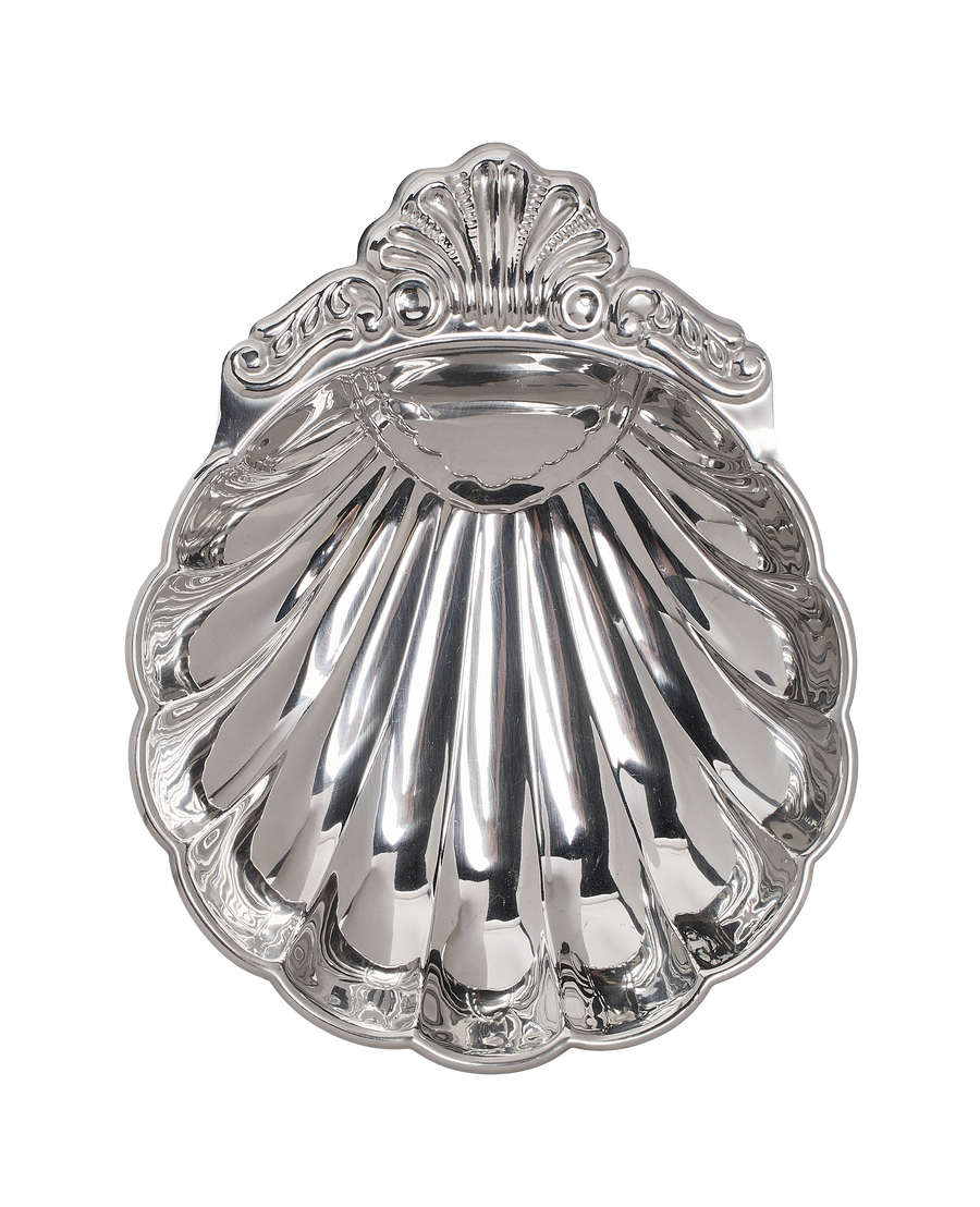 Top-down view of the vintage French OAK shell steel dish, highlighting its detailed relief.