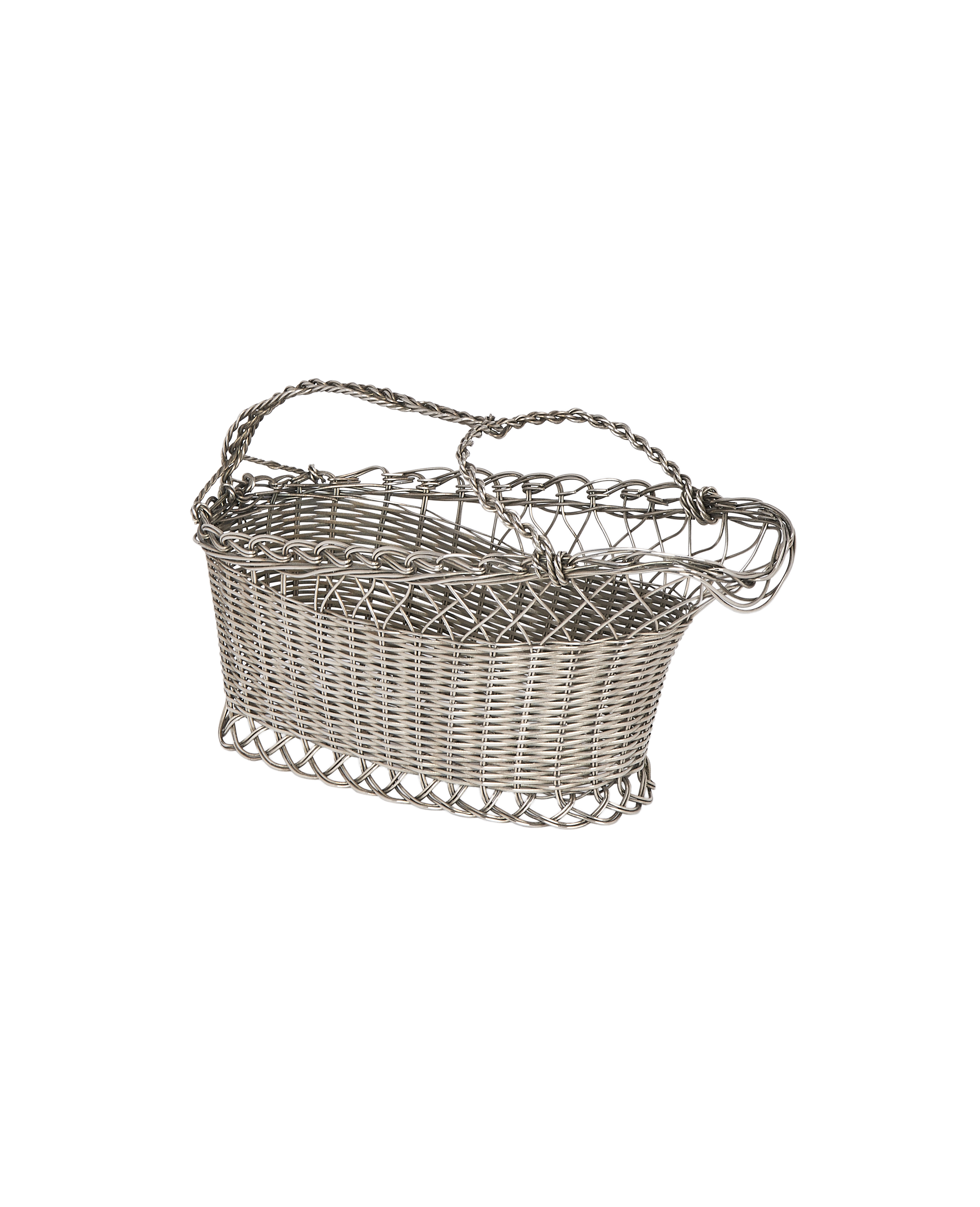 Vintage French metal wicker bottle basket, detailed silver woven wire, elegant handle.