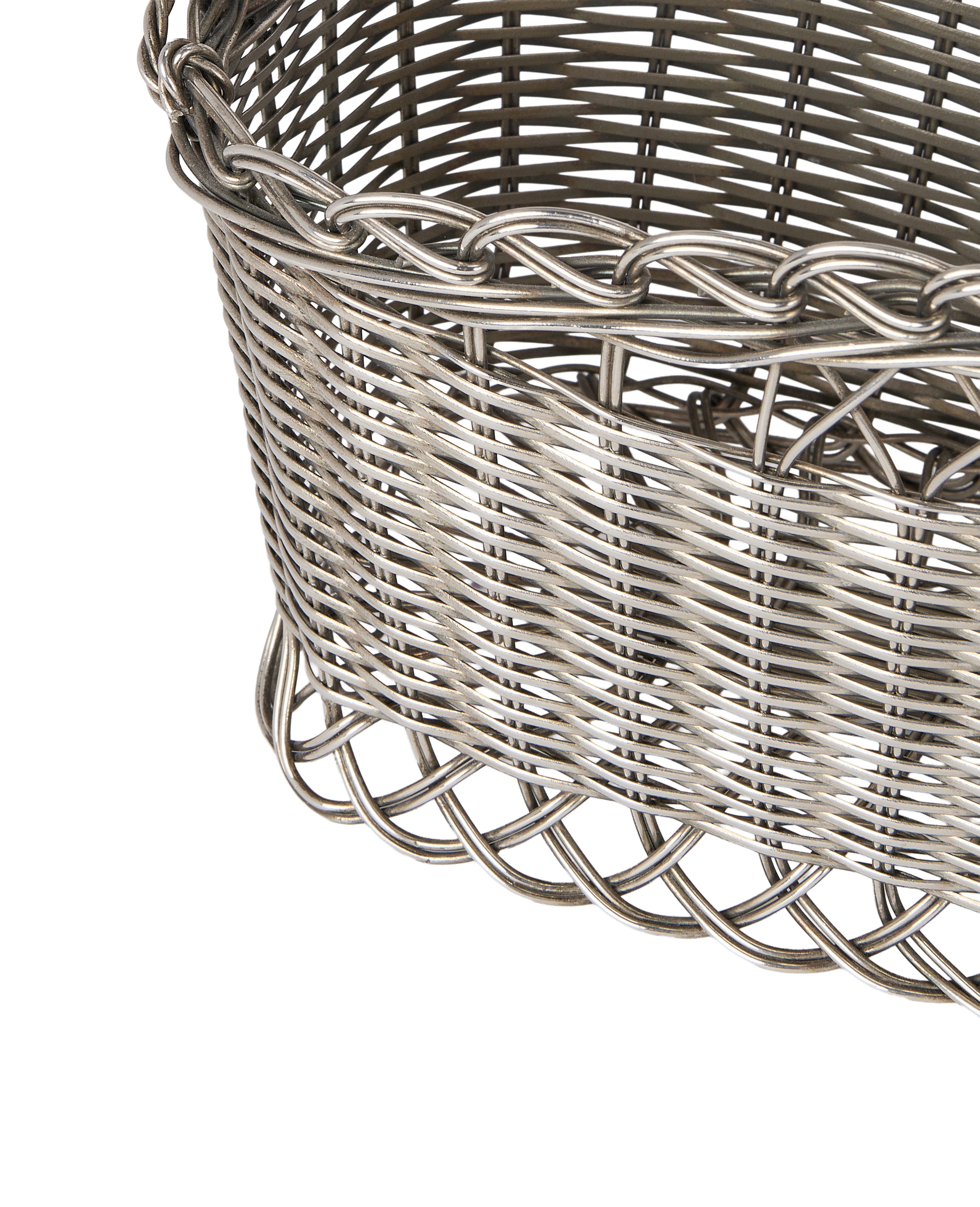 Vintage French metal wicker bottle basket, showing close-up details of weave and braided top edge.