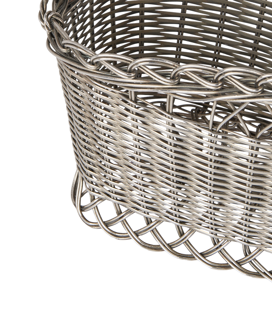 Vintage French metal wicker bottle basket, showing close-up details of weave and braided top edge.