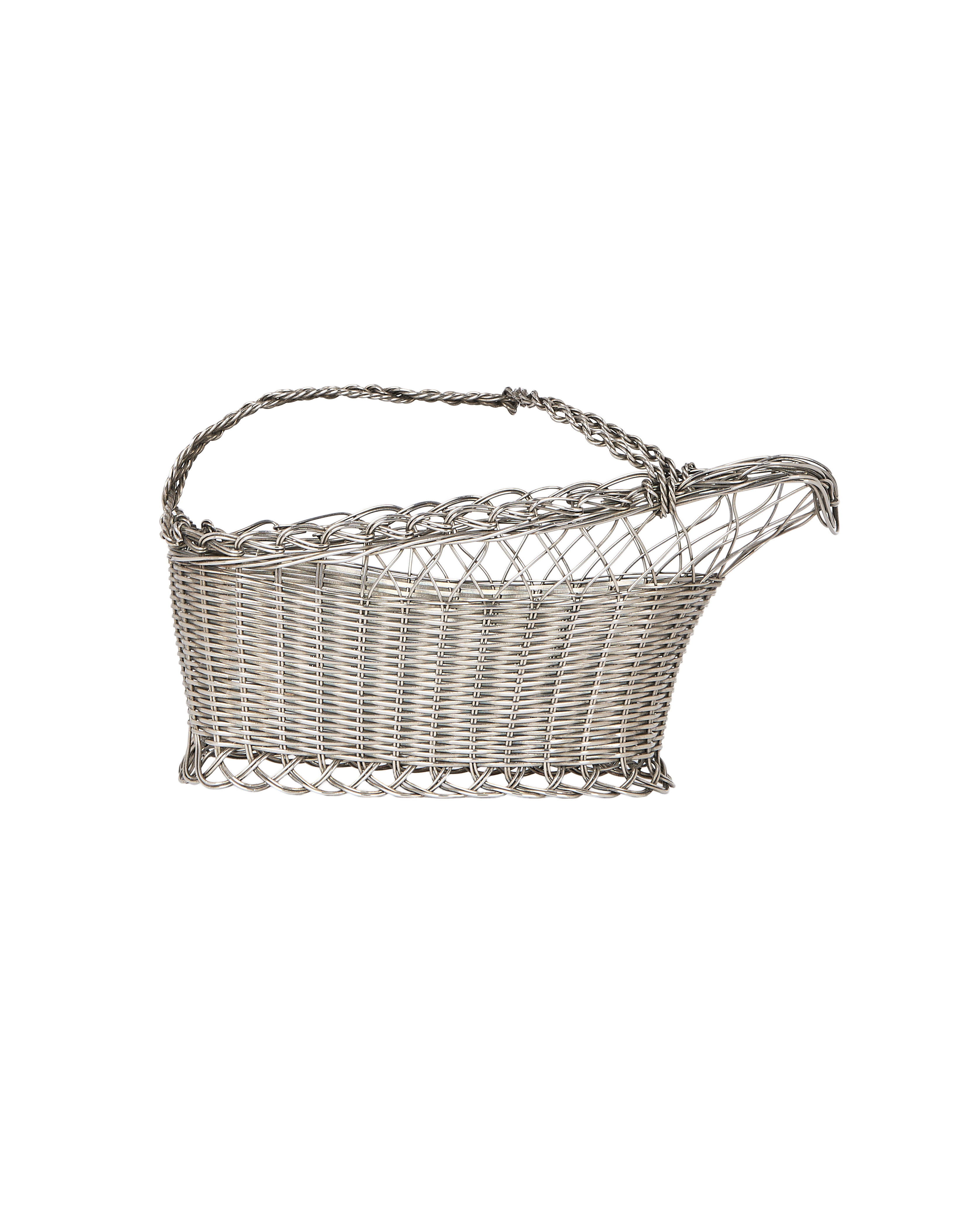 Vintage silver metal wicker bottle basket, detailed view of the handle and spout.