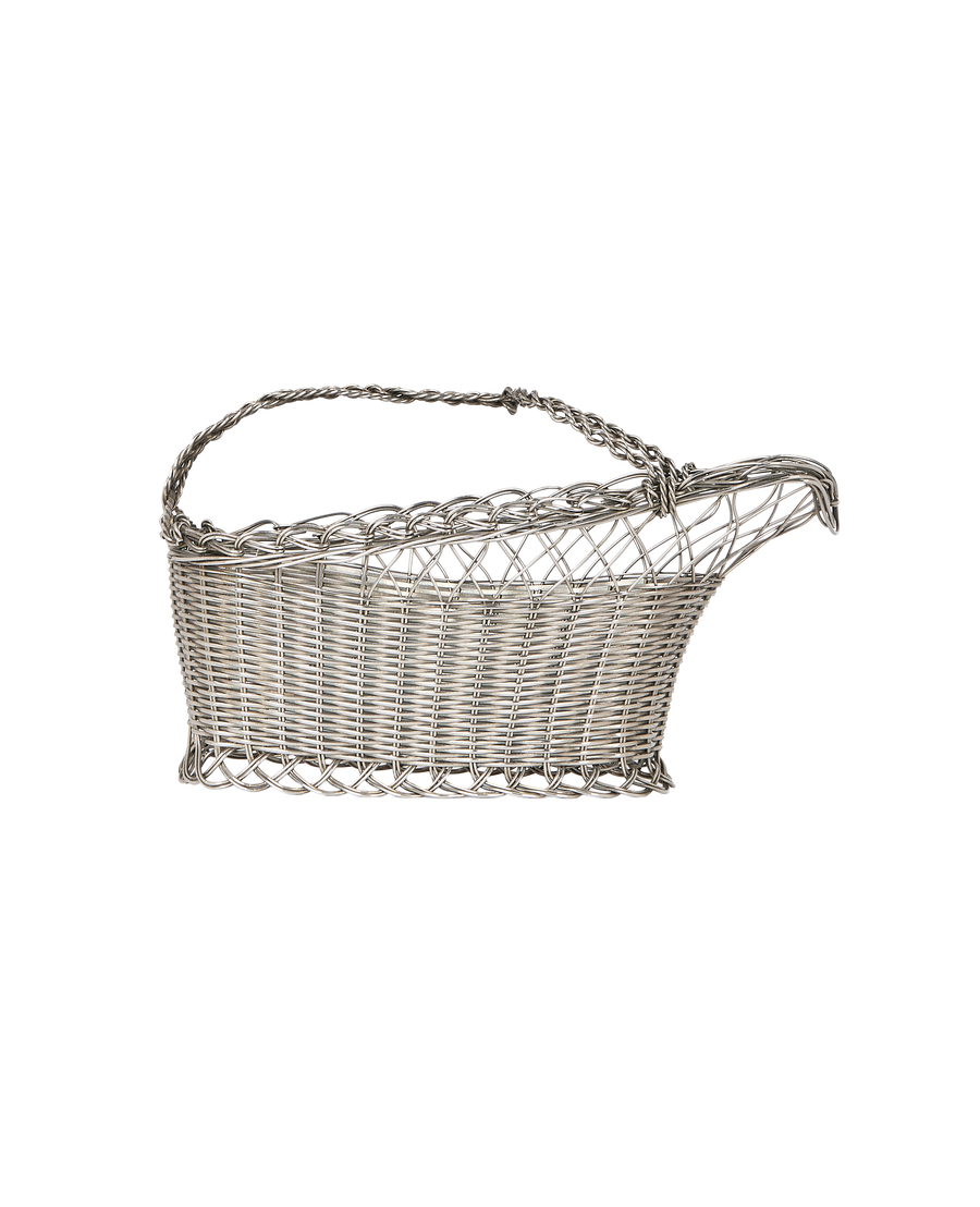 Vintage silver metal wicker bottle basket, detailed view of the handle and spout.