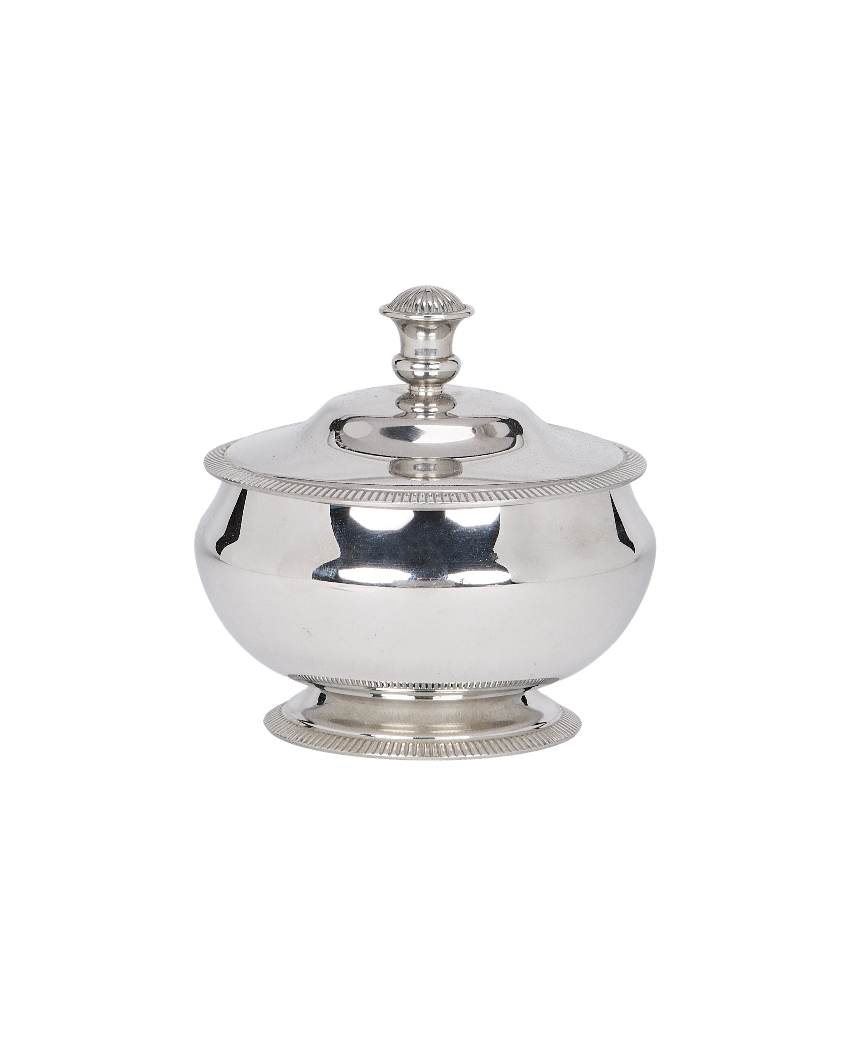 Vintage French steel sugar pot, shiny silver finish, ribbed decorative trim.