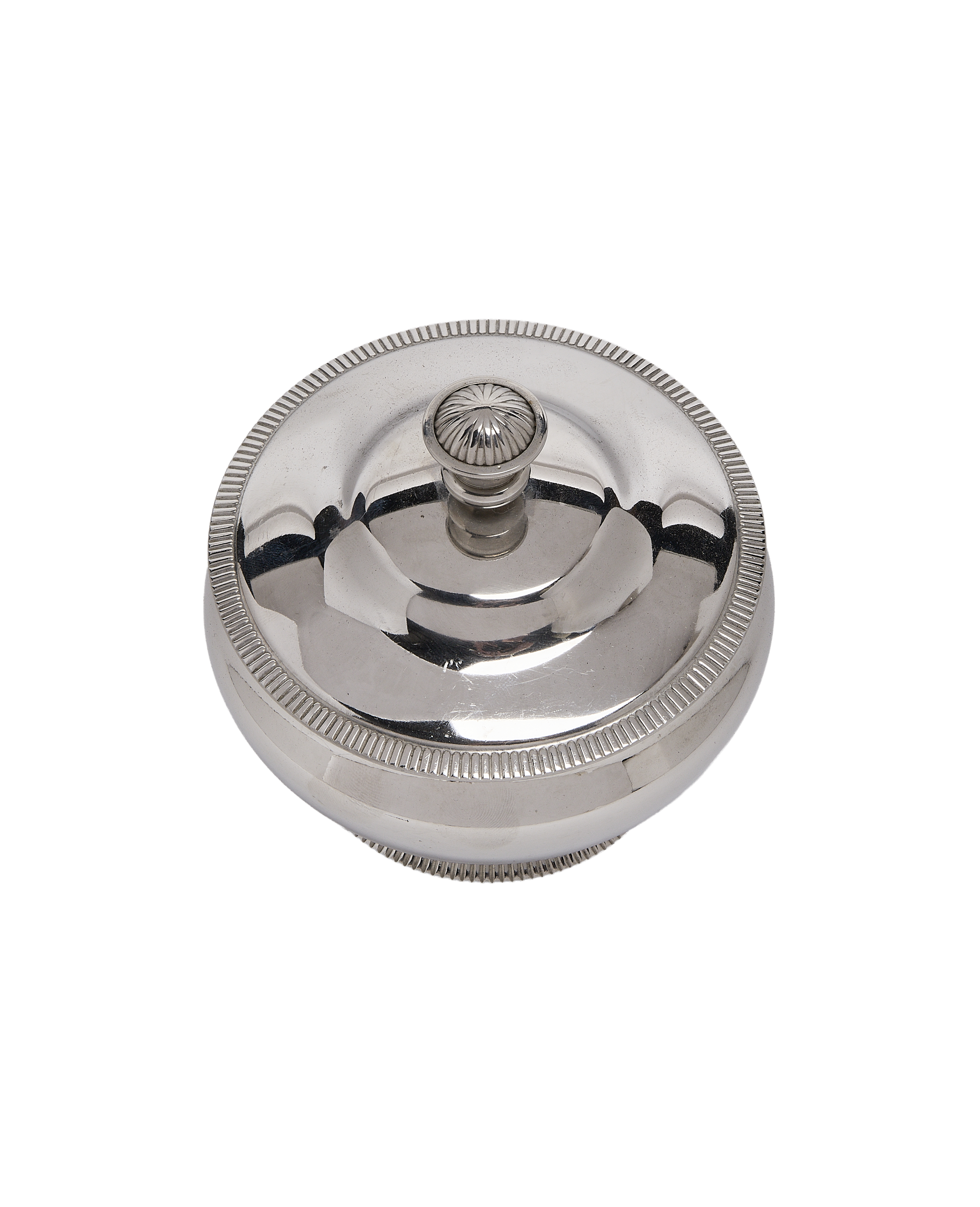 Vintage French steel sugar pot, top-down view of the ribbed lid and elegant finial.