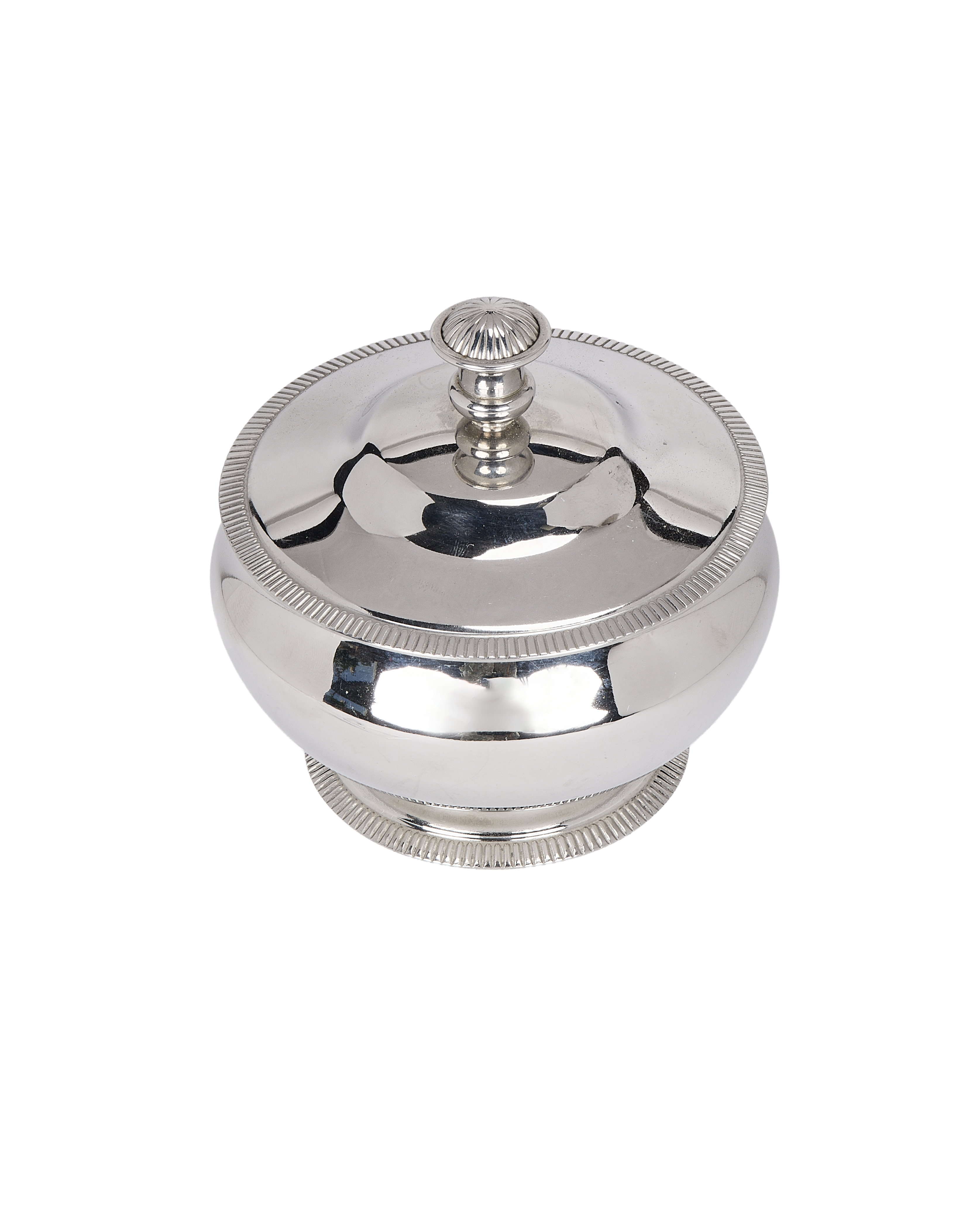 Vintage silver steel sugar pot, French, from above, showing ridged knob and details.