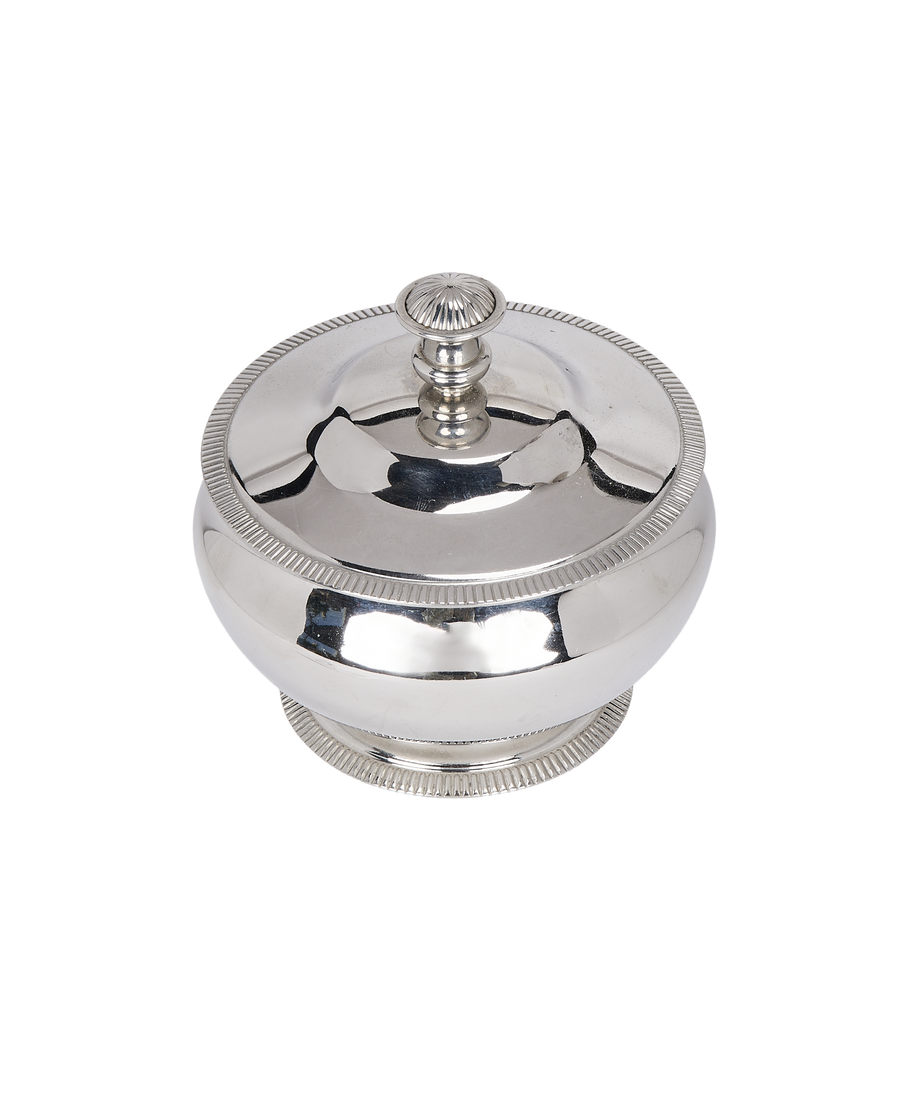 Vintage silver steel sugar pot, French, from above, showing ridged knob and details.