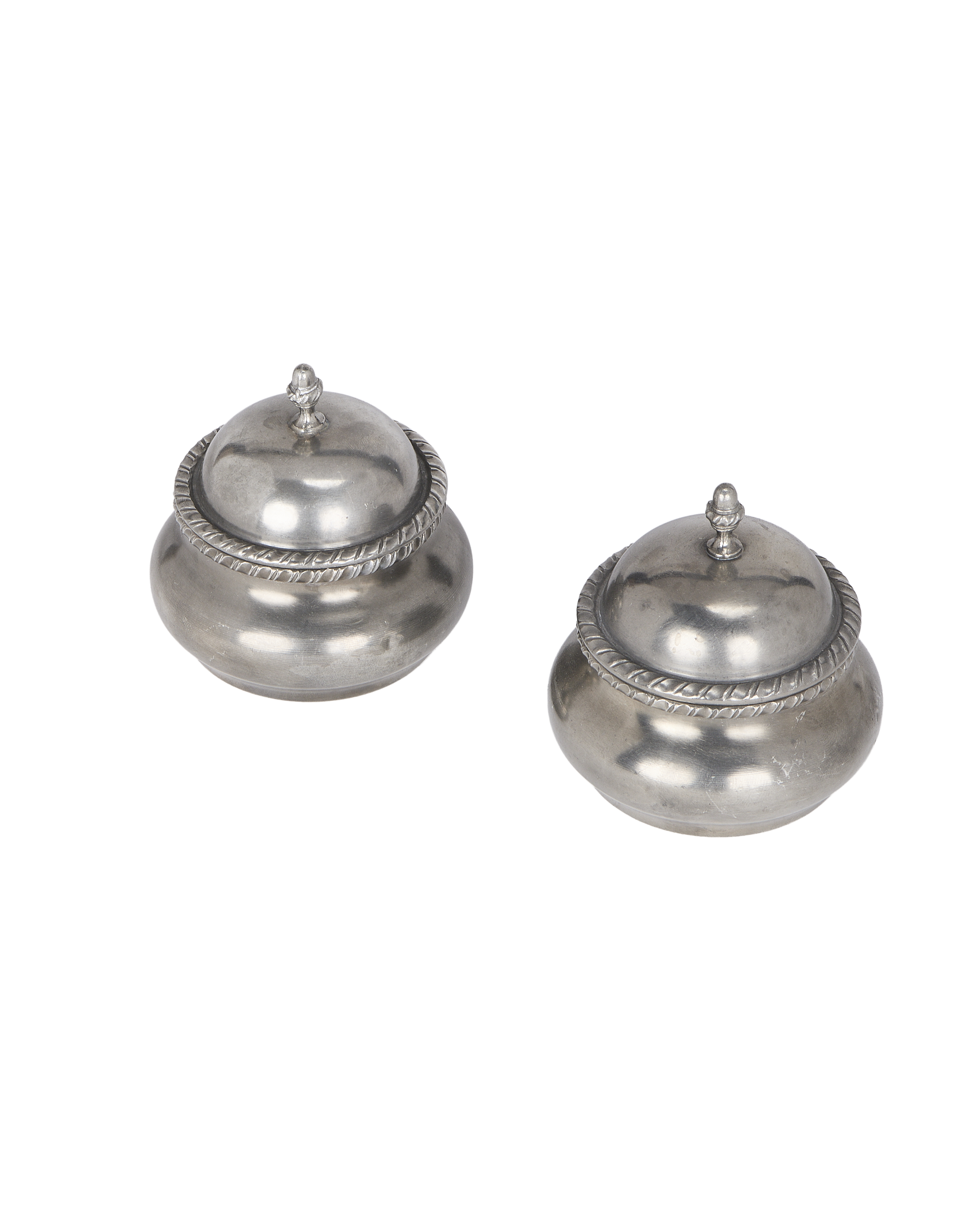 Vintage French steel condiment pots, set of two, showcasing decorative rope-edge detail.