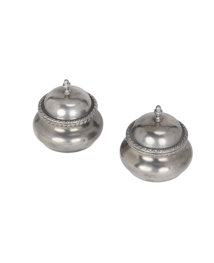 Vintage French steel condiment pots, set of two, showcasing decorative rope-edge detail.