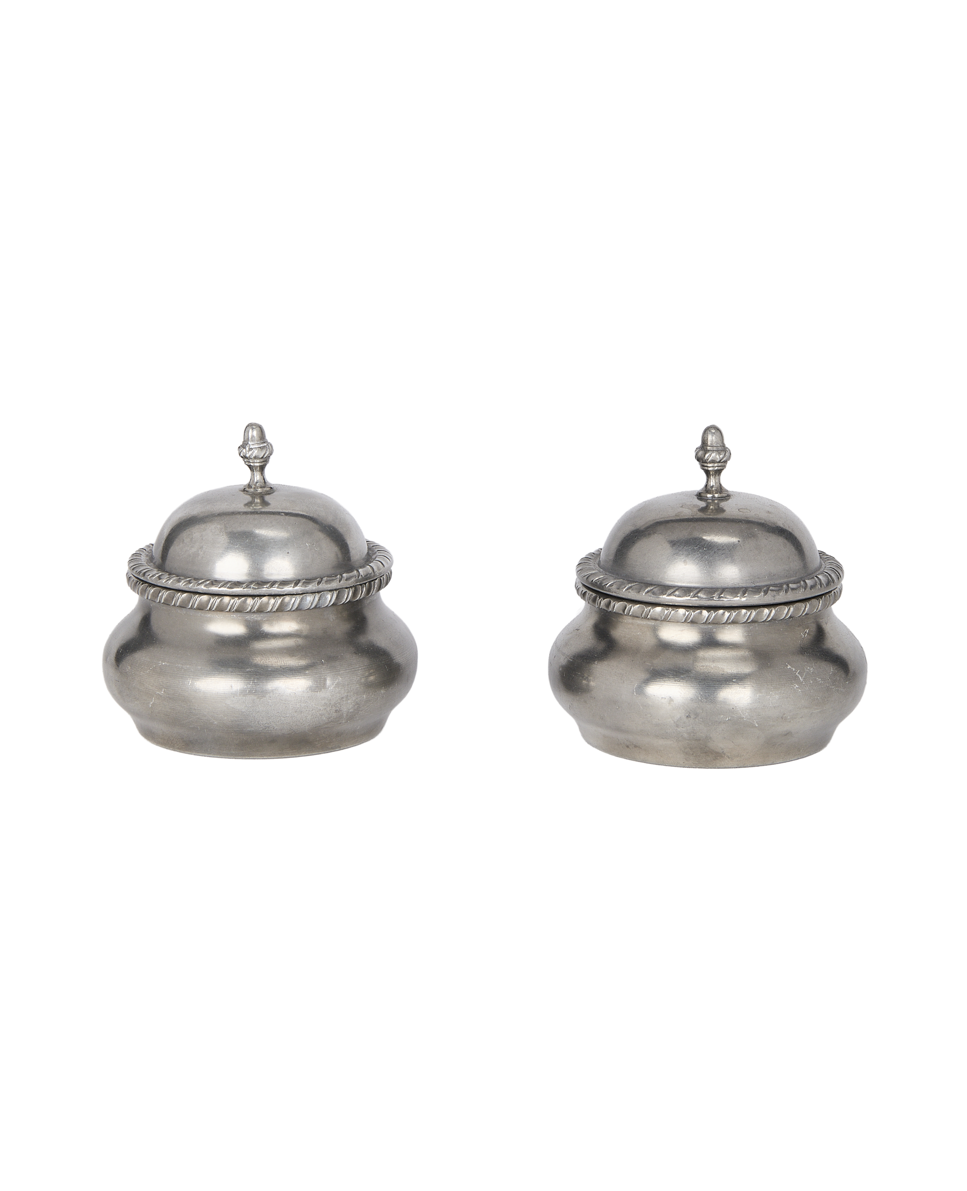 Set of two vintage French steel condiment pots with rope detailing.