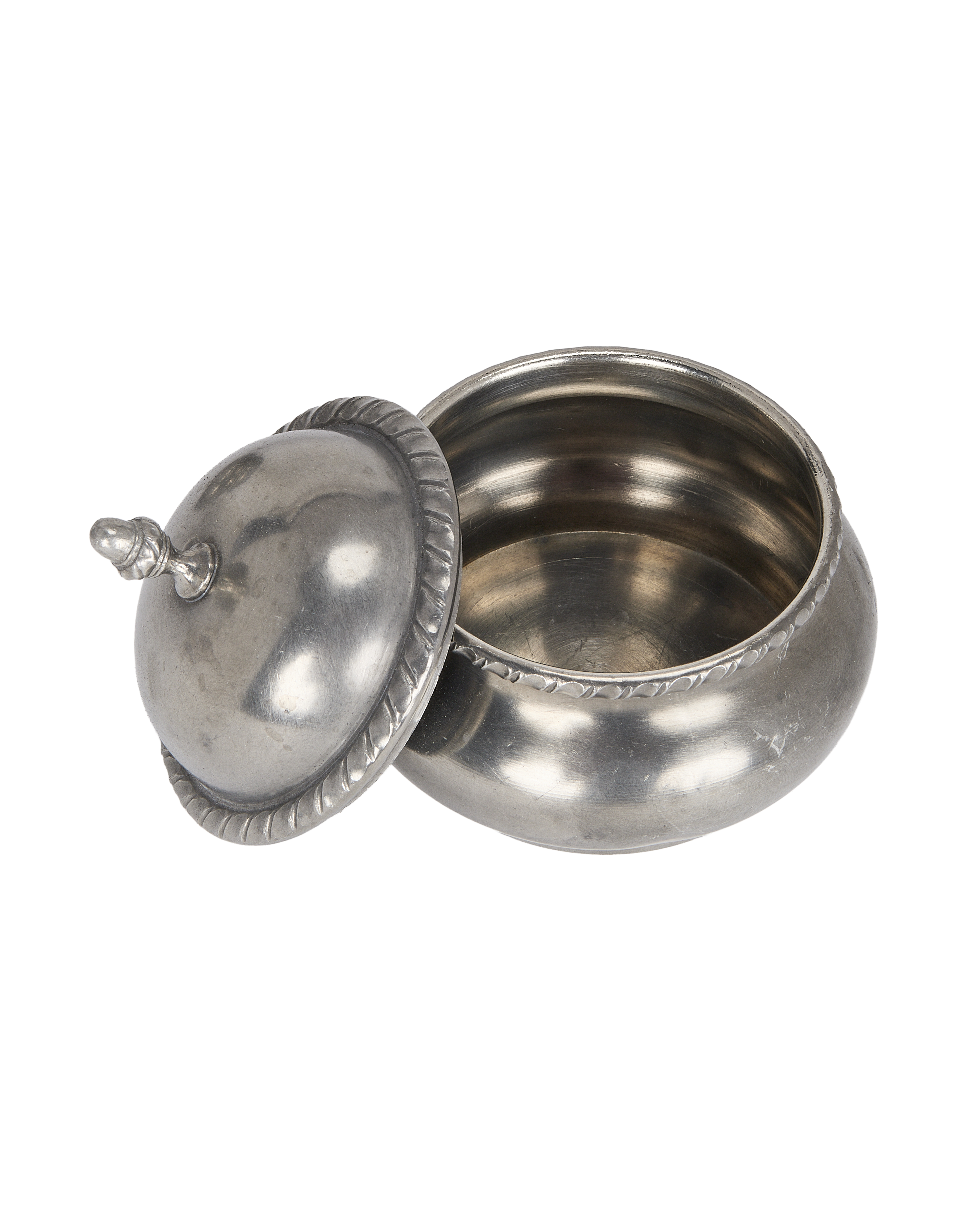 Vintage steel condiment pot with lid ajar, showing internal capacity and rope detail.