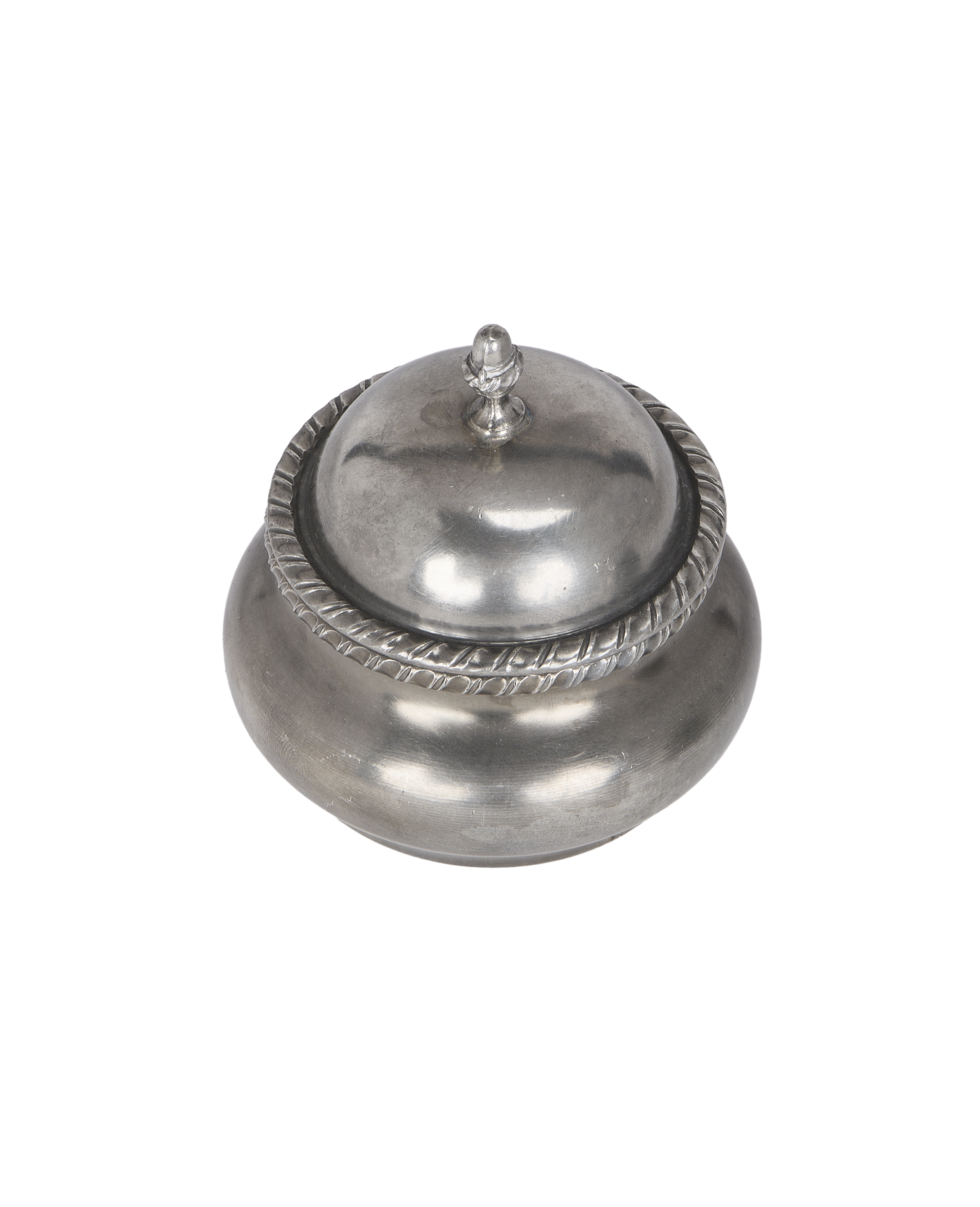 Vintage French steel condiment pot, round, showcasing ornate rope-twist trim and knob, close-up.
