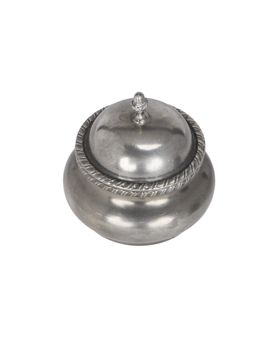 Vintage French steel condiment pot, round, showcasing ornate rope-twist trim and knob, close-up.