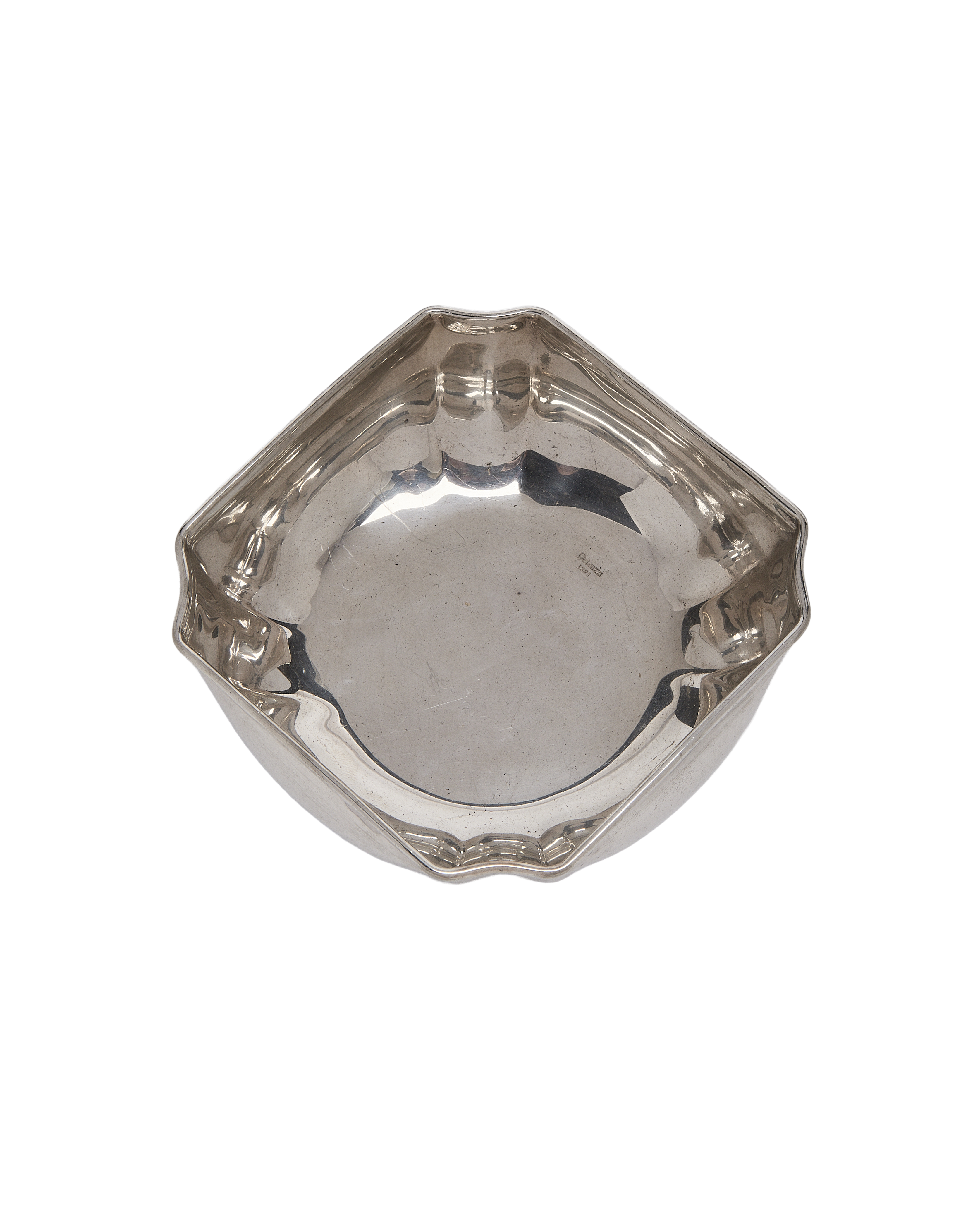 Vintage French silver plated vide poche, showing engraved maker's mark and subtle wear.