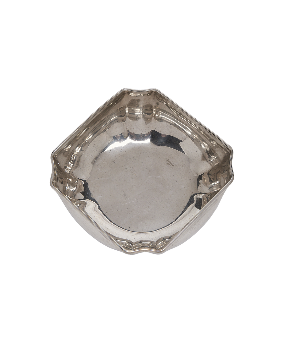 Vintage French silver plated vide poche, showing engraved maker's mark and subtle wear.