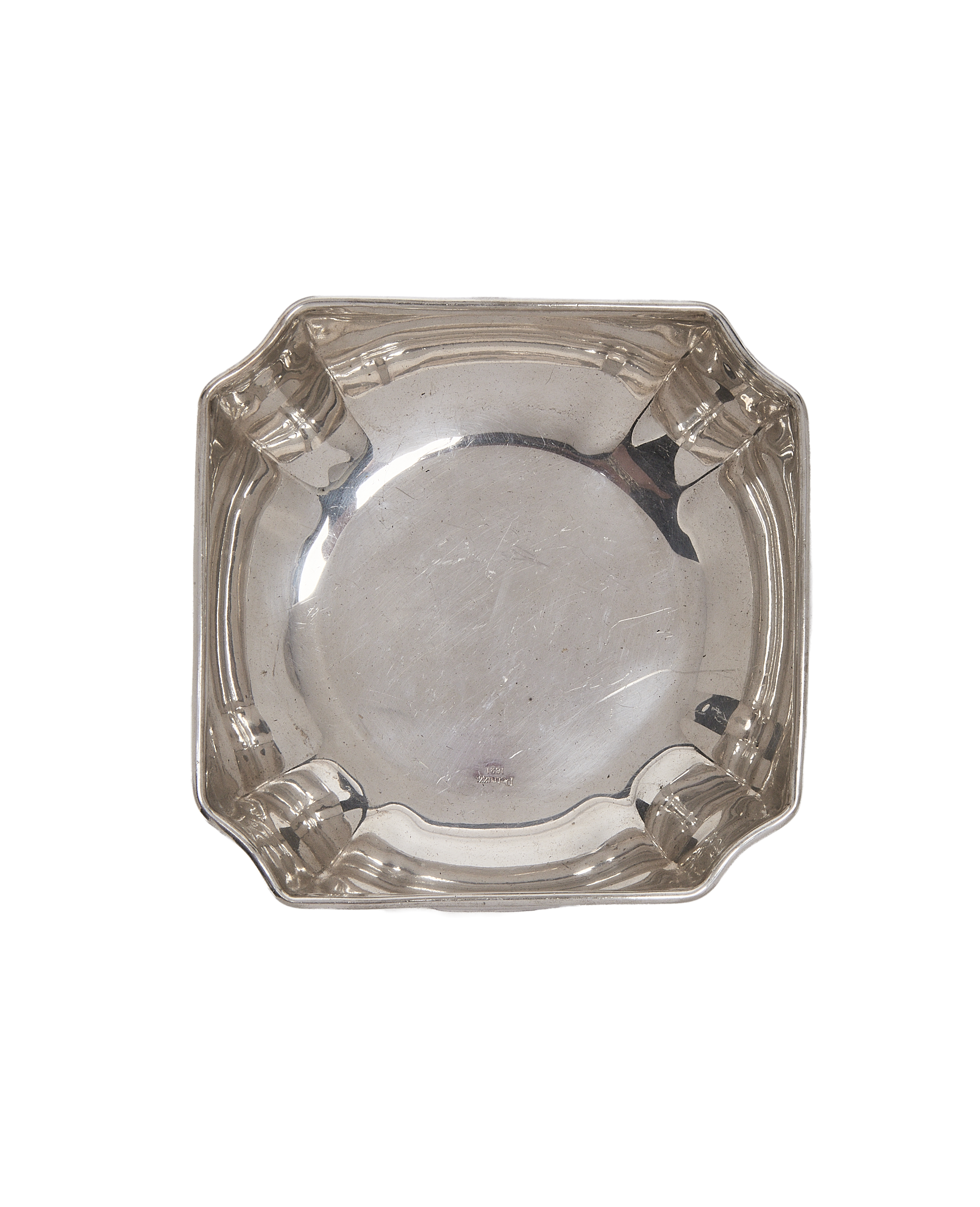 Vintage silver-plated French vide poche, square with scalloped edges, from above.