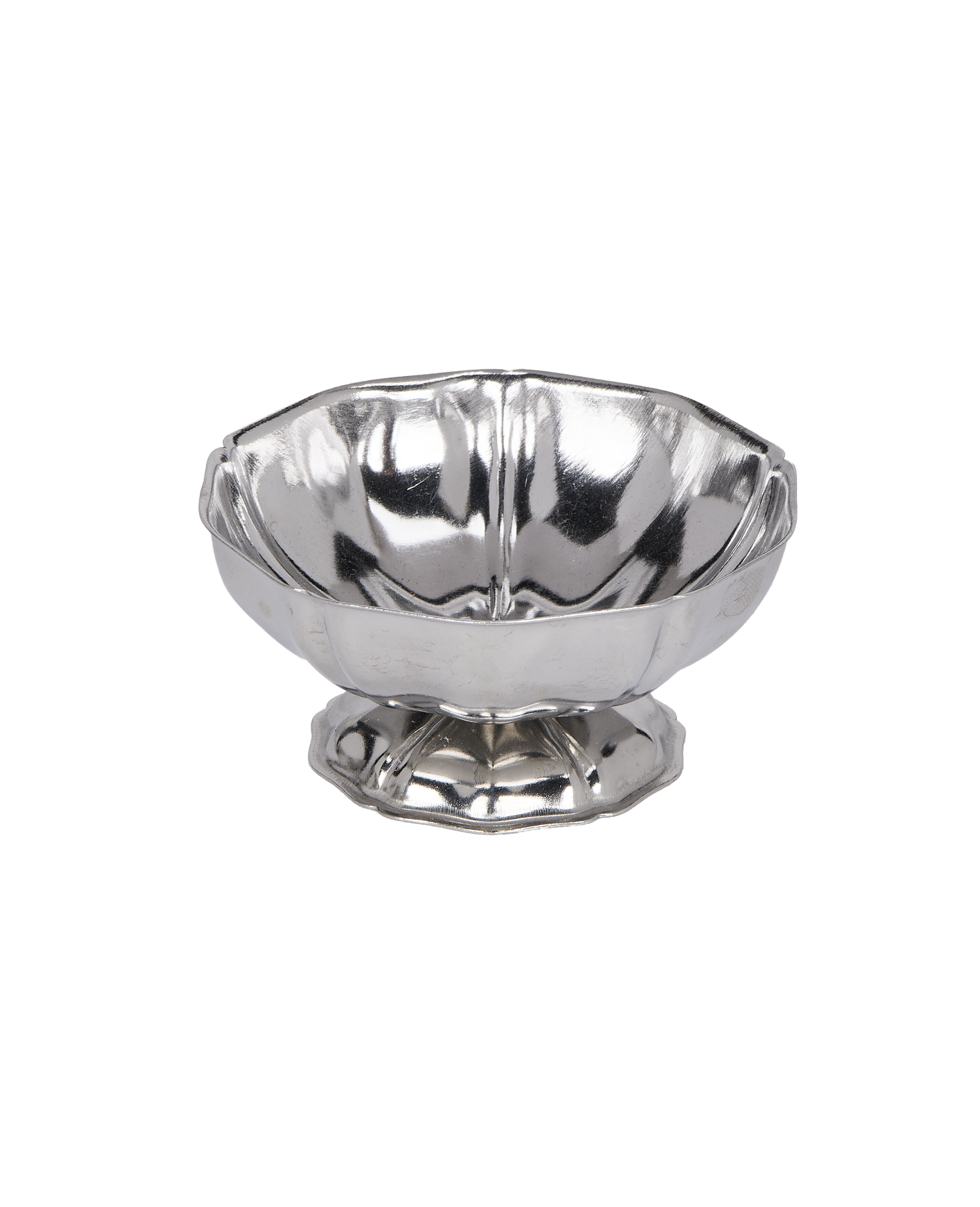 Vintage French steel cup, detailed view of the fluted bowl and pedestal base.