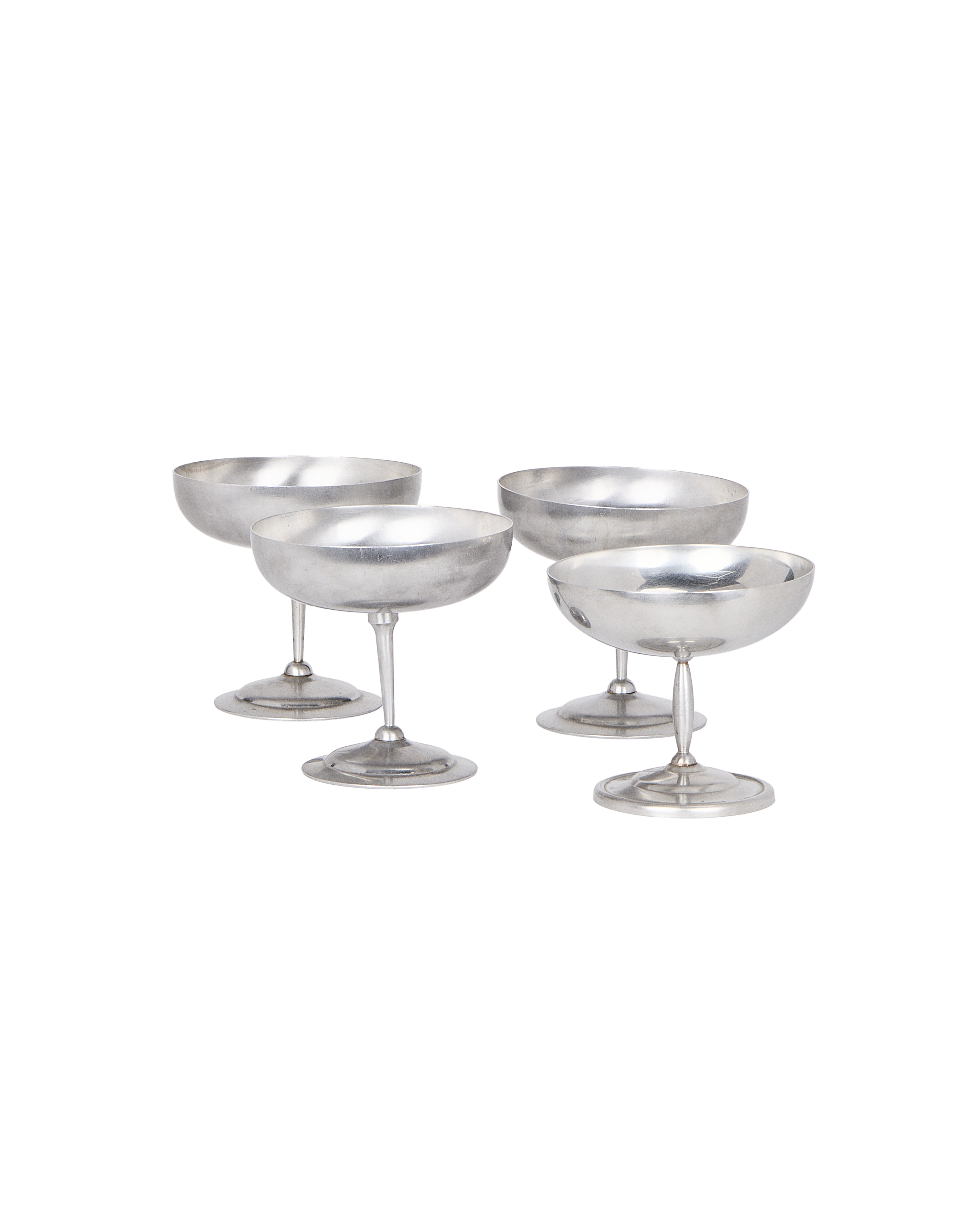 Set of four vintage French matte metal champagne coupe glasses, excellent condition.