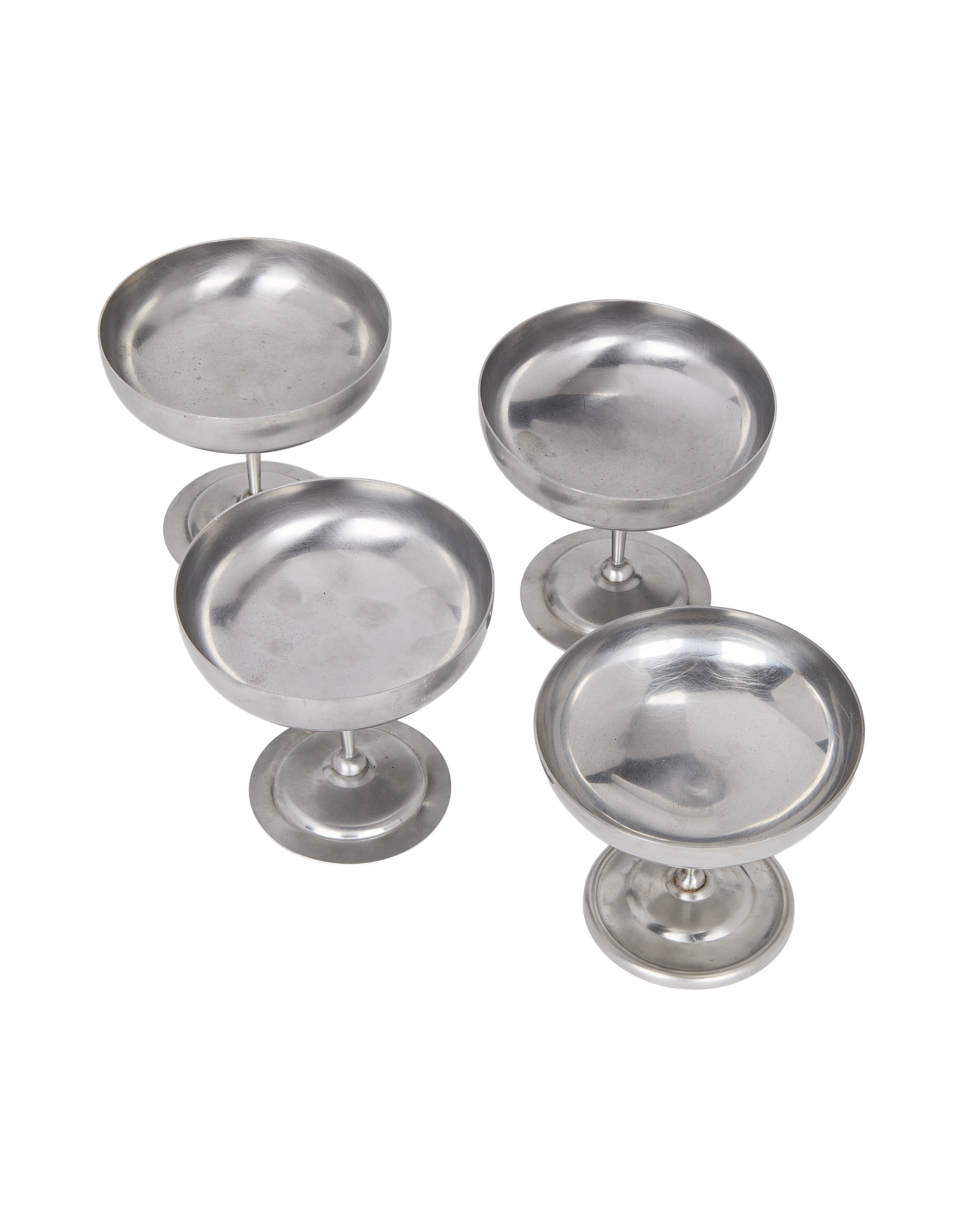 Vintage French matte metal cups, OAK, top-down view showing interior and aged finish.
