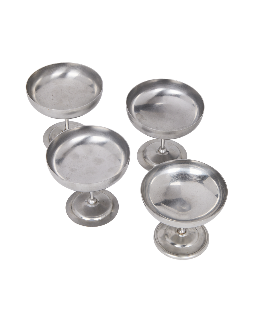 Vintage French matte metal cups, OAK, top-down view showing interior and aged finish.