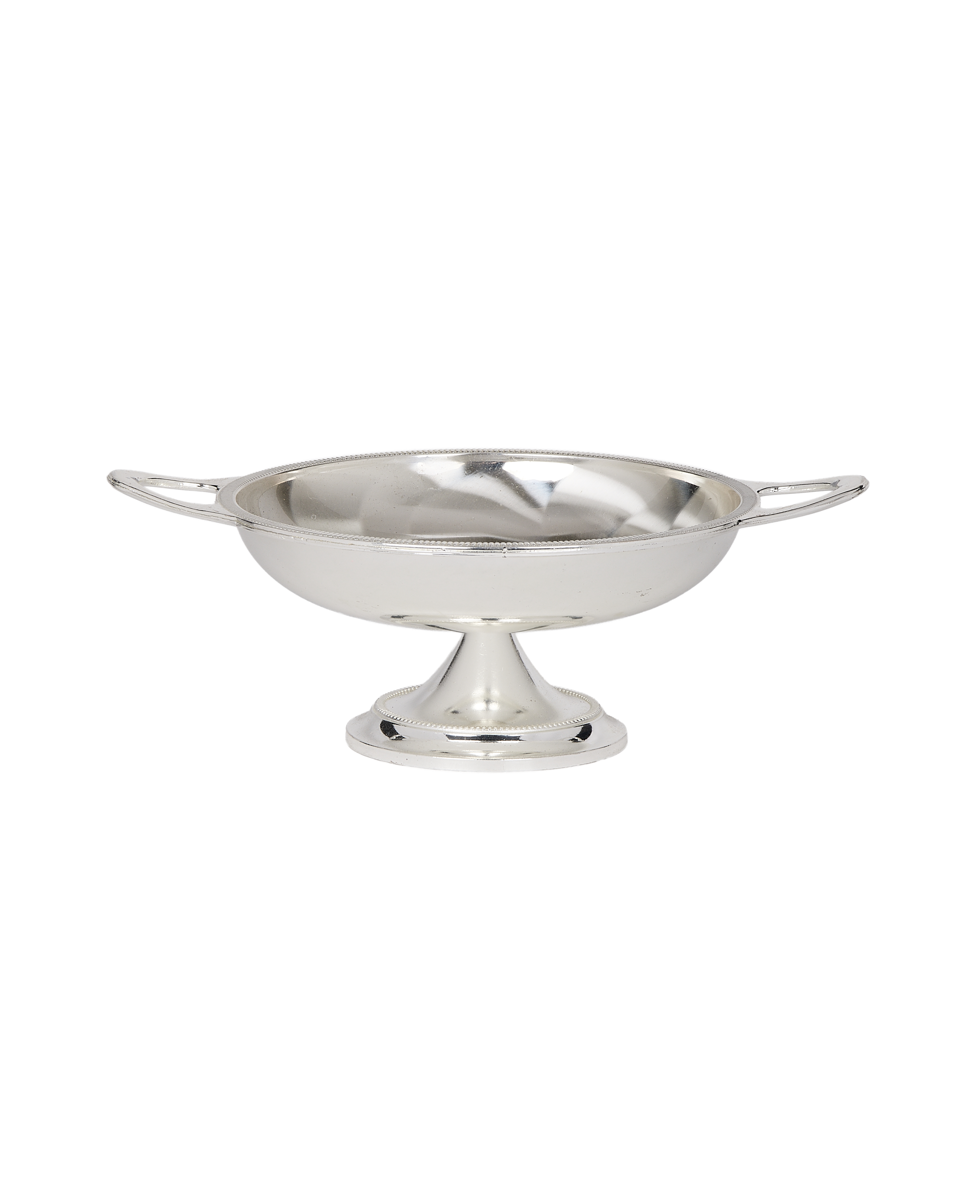 Vintage French silver-plated pedestal dish with elegant handles and decorative beaded trim.