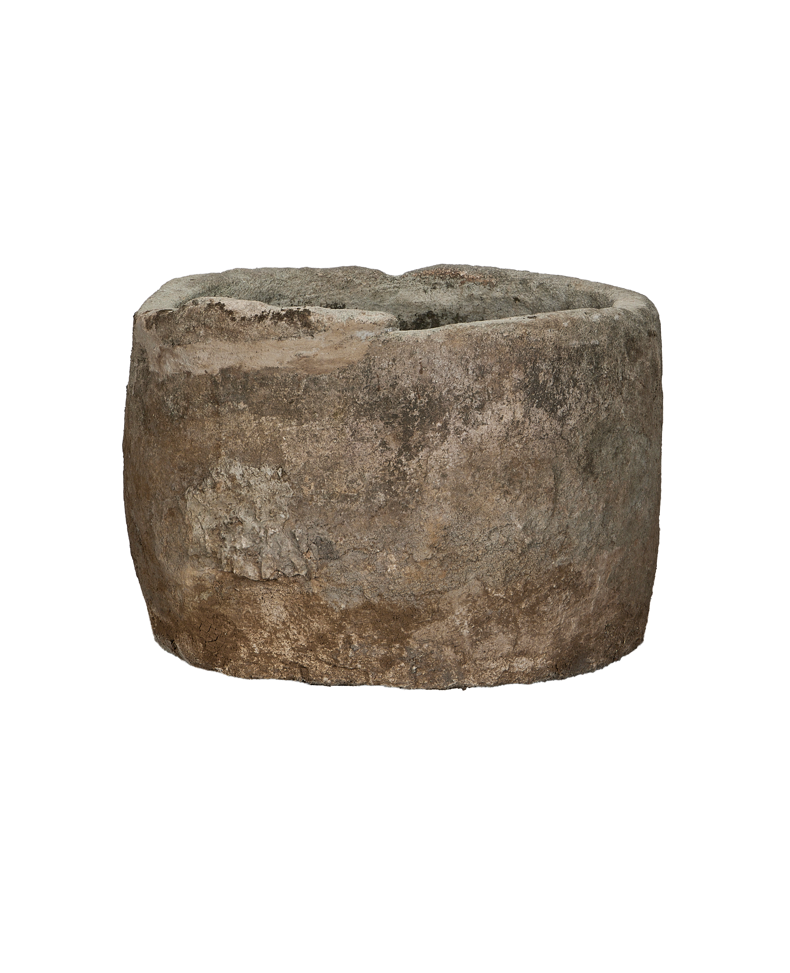 Vintage Indonesian OAK limestone trough, round, with weathered gray-brown patination.