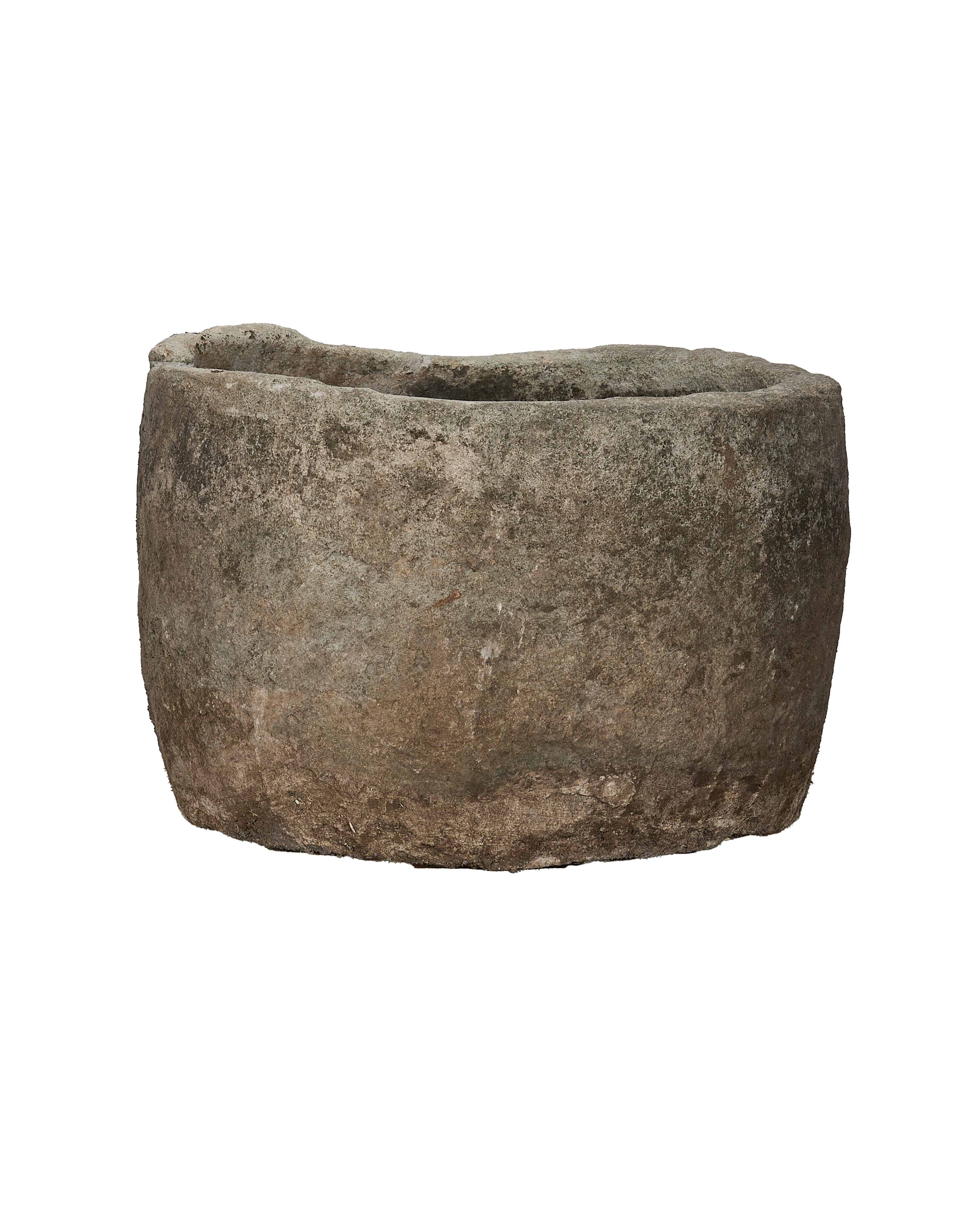 Round, vintage Indonesian limestone trough with rough, aged texture and distinct rim detail.