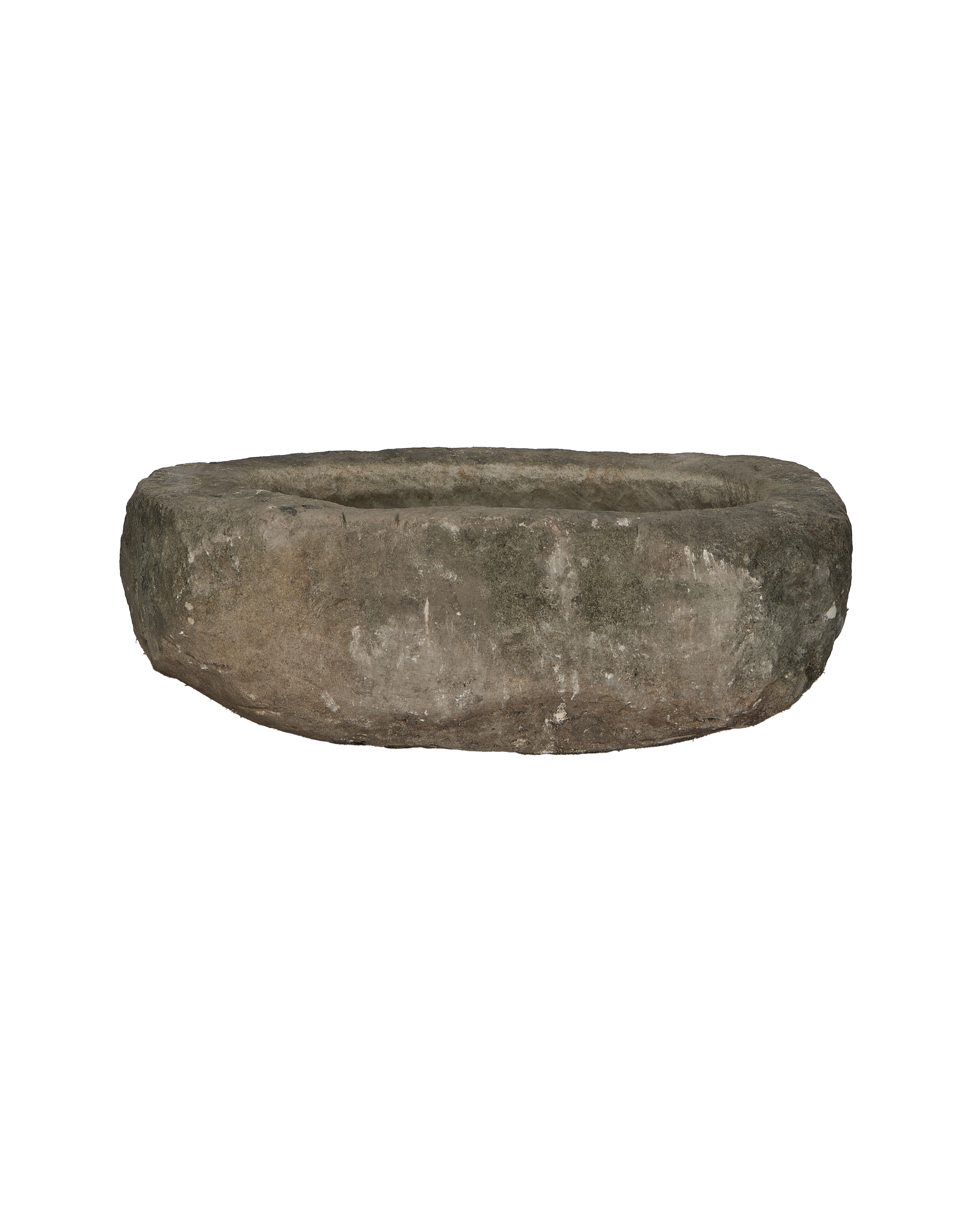 Vintage Indonesian oblong limestone trough, weathered gray, worn texture, showcased centrally against black.