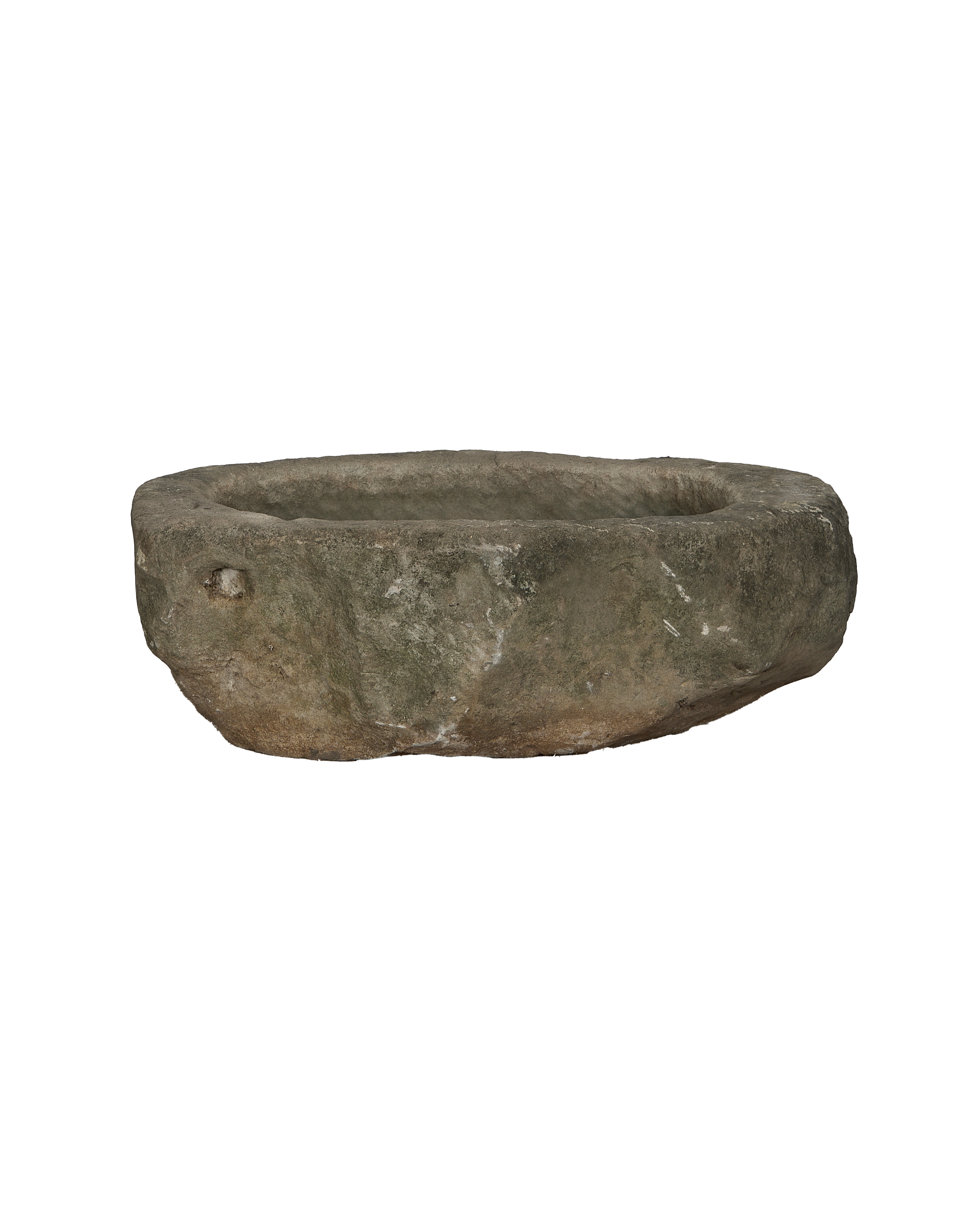 Vintage Indonesian oblong limestone trough, dark weathered texture, with natural aged pitting and unique uneven rim.