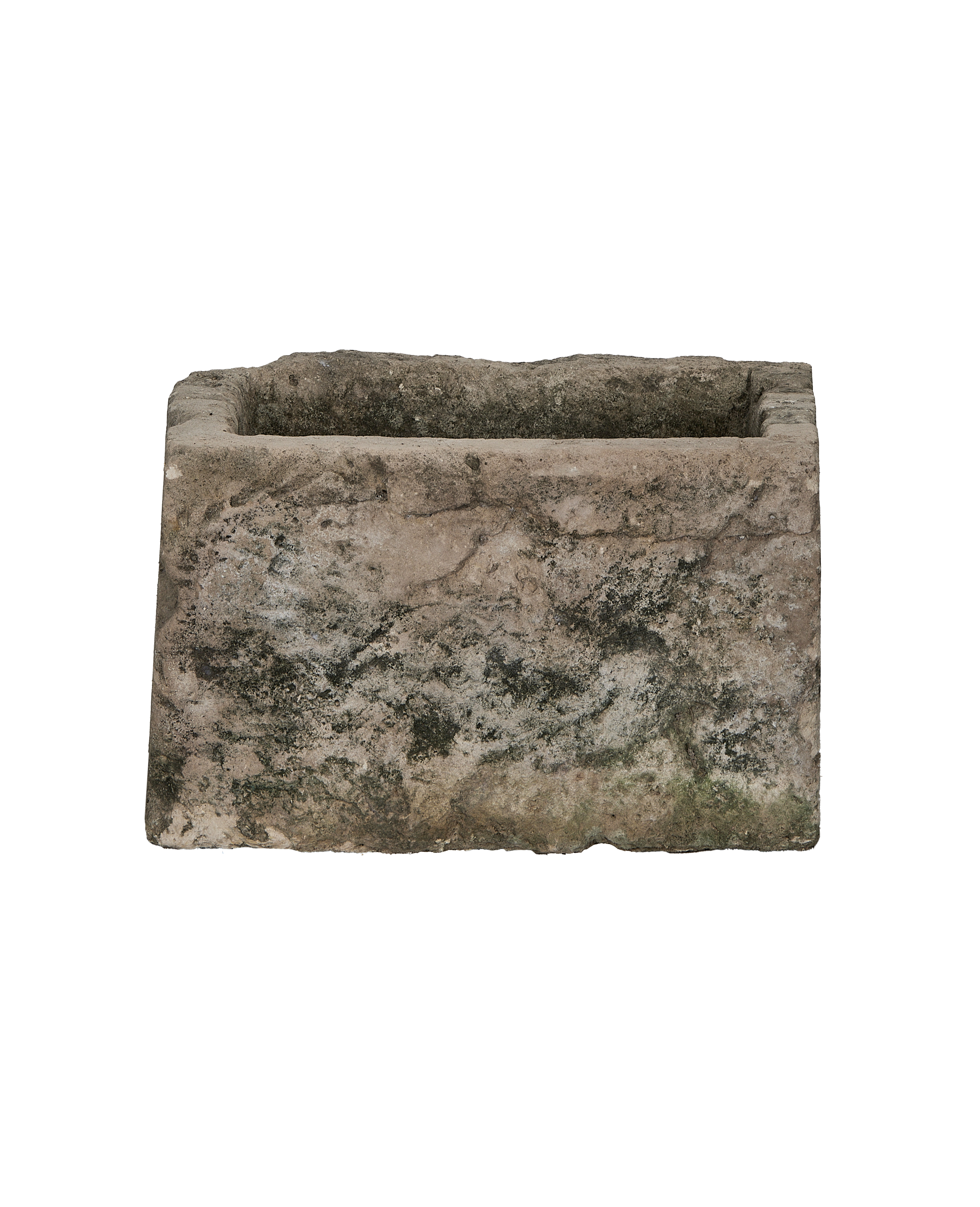 Rectangle vintage Indonesian limestone trough with weathered grey patina and mossy textures.