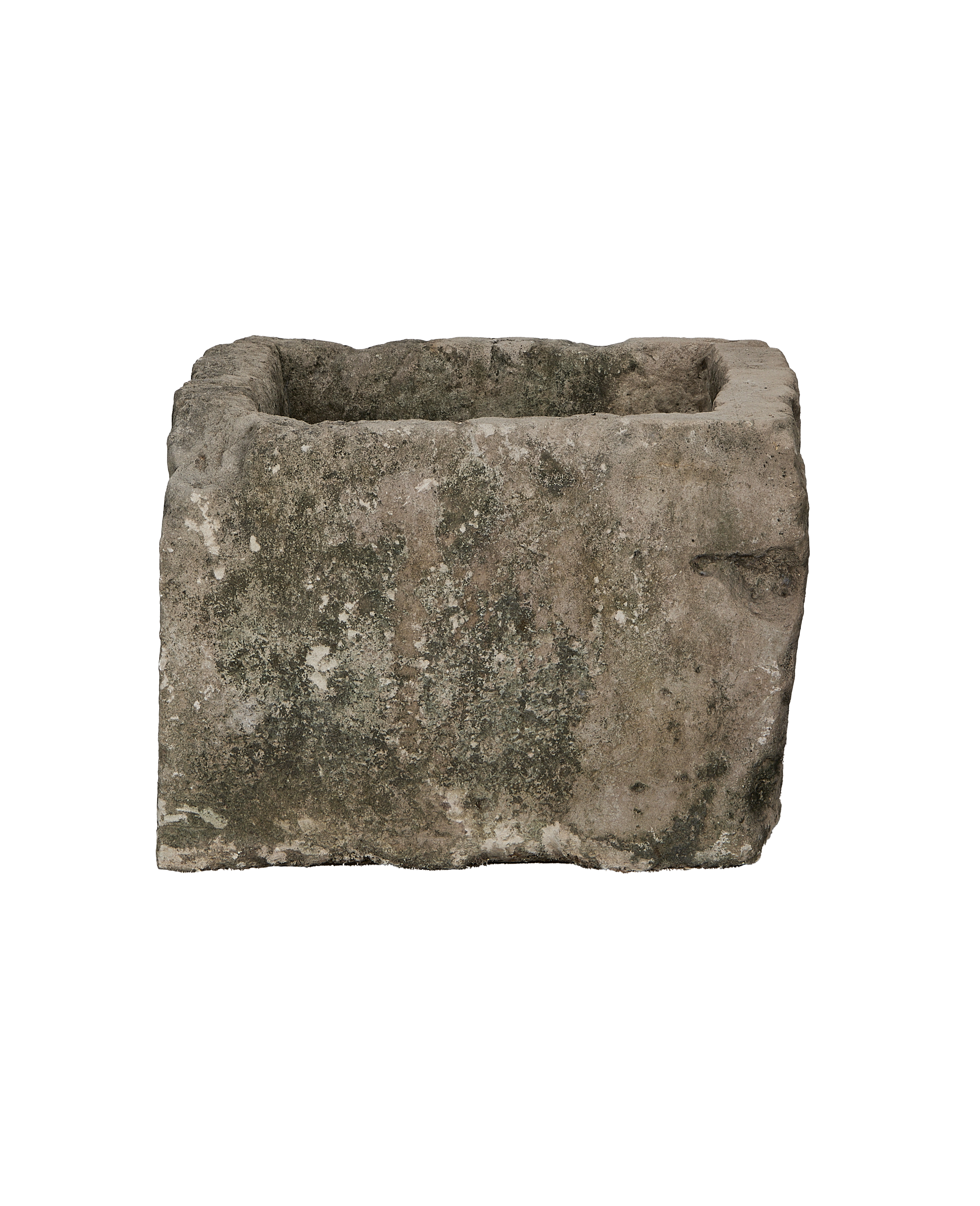 Vintage Indonesian rectangular limestone trough showing detailed weathered lichen and rough-hewn texture.