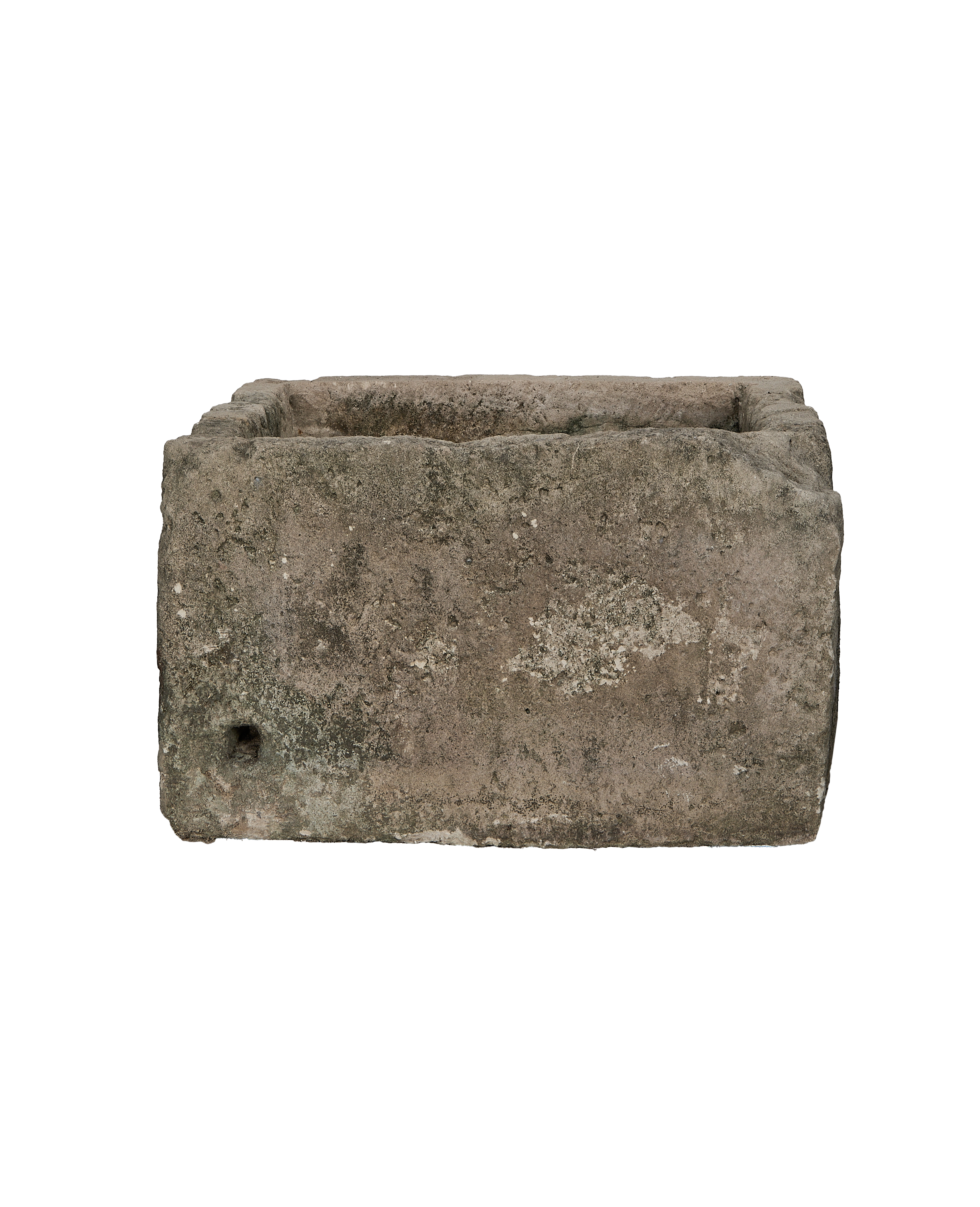 Vintage Indonesian limestone trough, rectangular, featuring natural worn texture and side drainage hole.