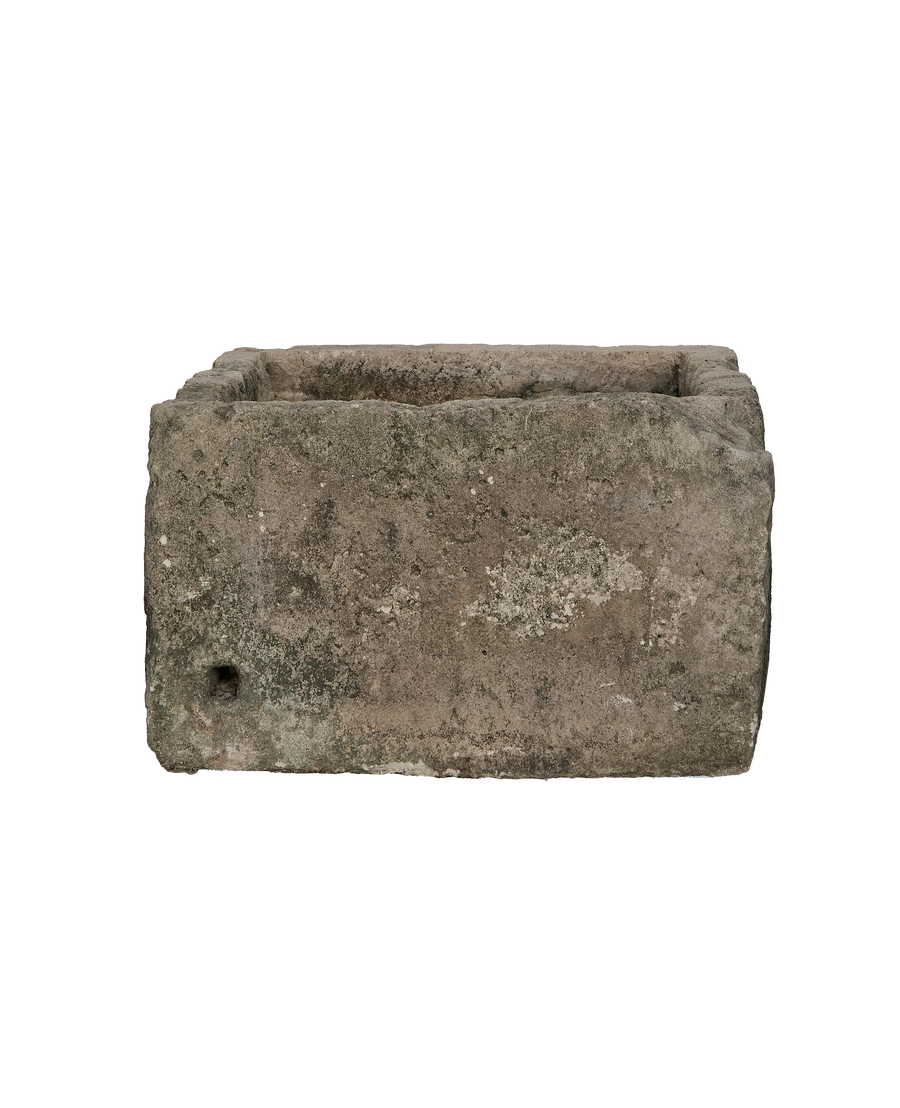 Vintage Indonesian limestone trough, rectangular, featuring natural worn texture and side drainage hole.