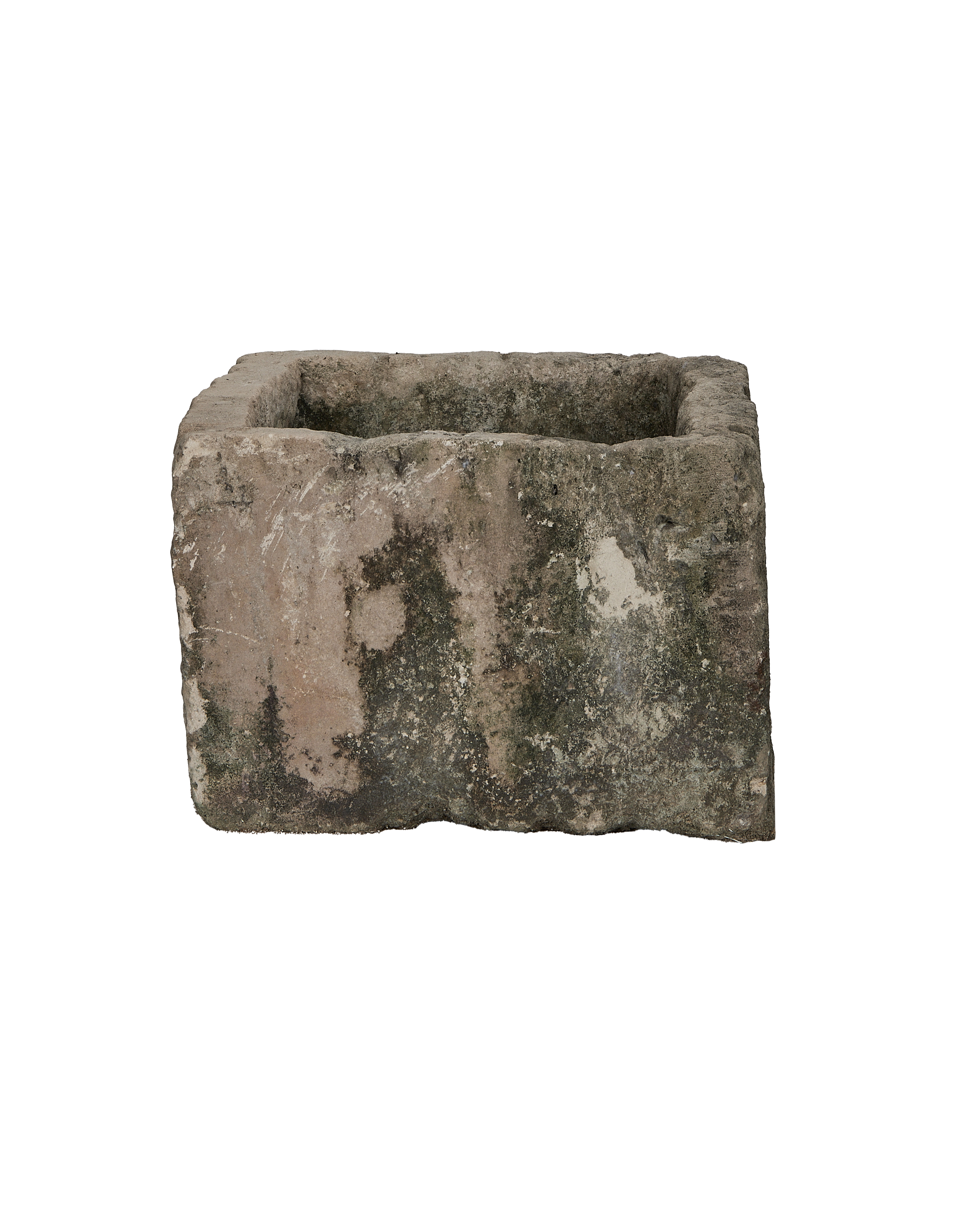 Vintage Indonesian limestone trough, rectangular, OAK, with weathered textures and green moss.