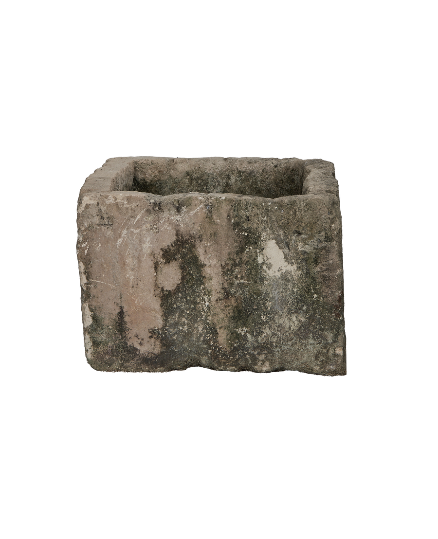 Vintage Indonesian limestone trough, rectangular, OAK, with weathered textures and green moss.