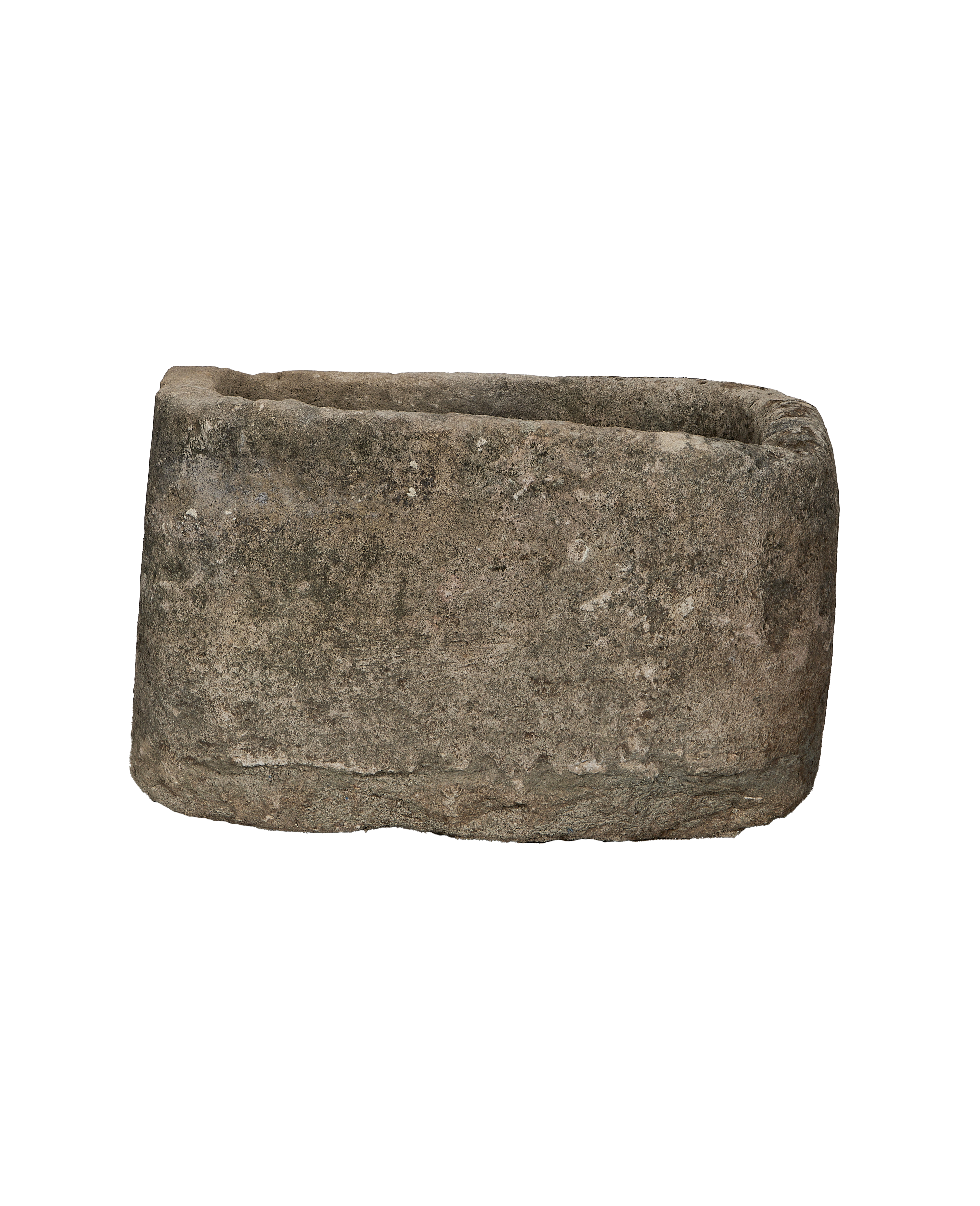 Oblong vintage Indonesian limestone trough with textured gray surface, dark weathered patina.