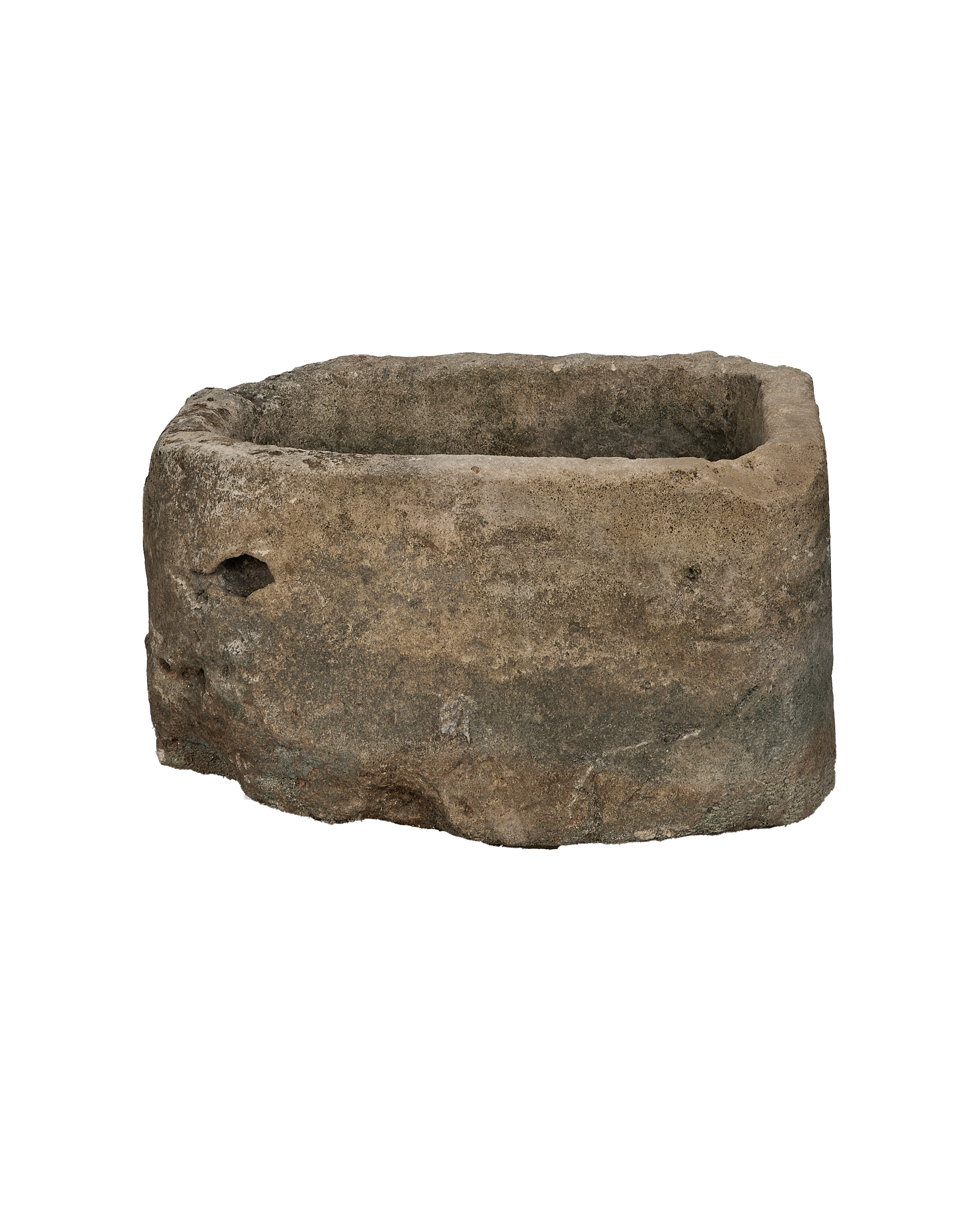 Vintage oblong limestone trough from Indonesia, weathered surface and organic imperfect edges.
