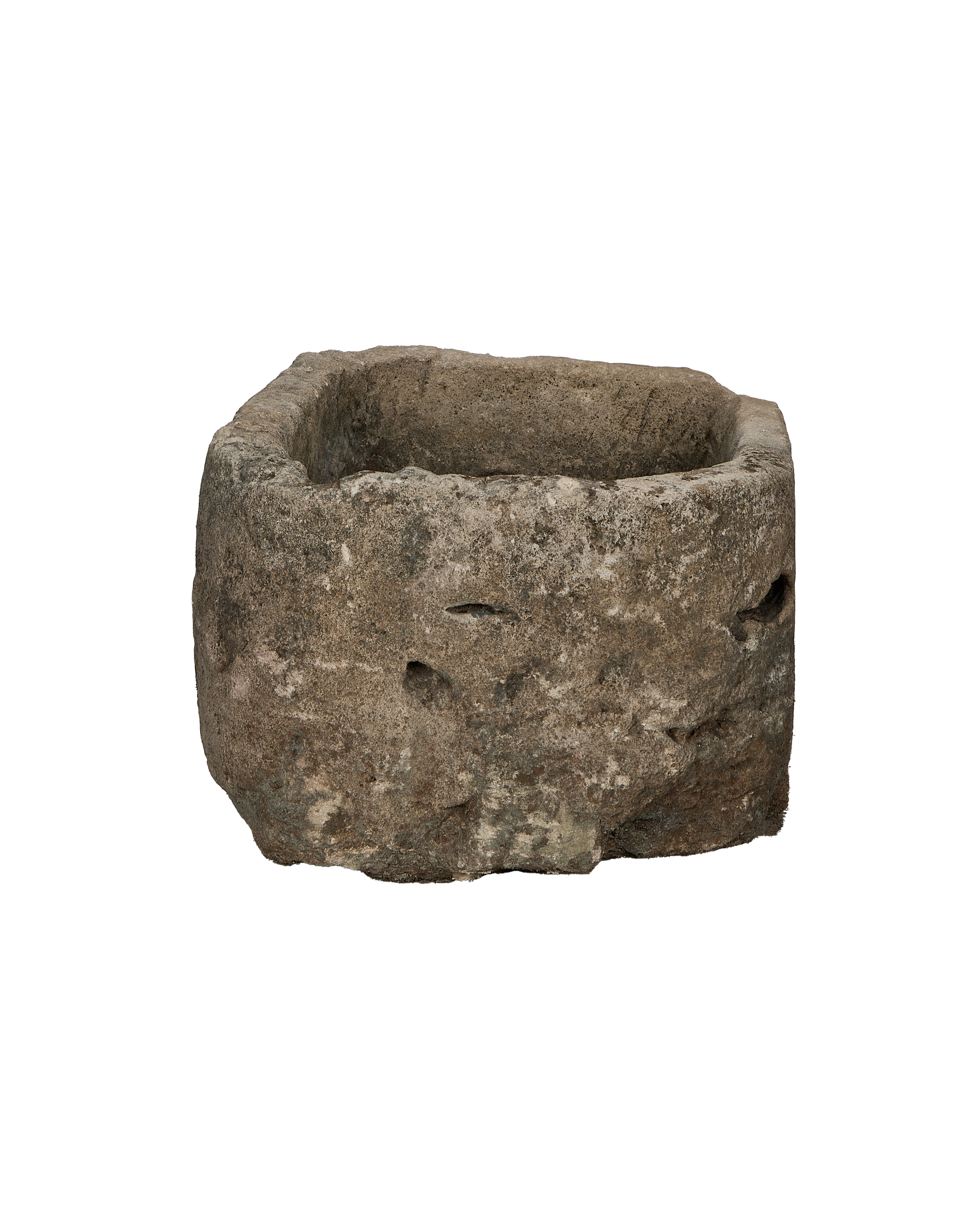 Vintage Indonesian limestone trough, displaying natural rough texture and weathered oblong shape from above.