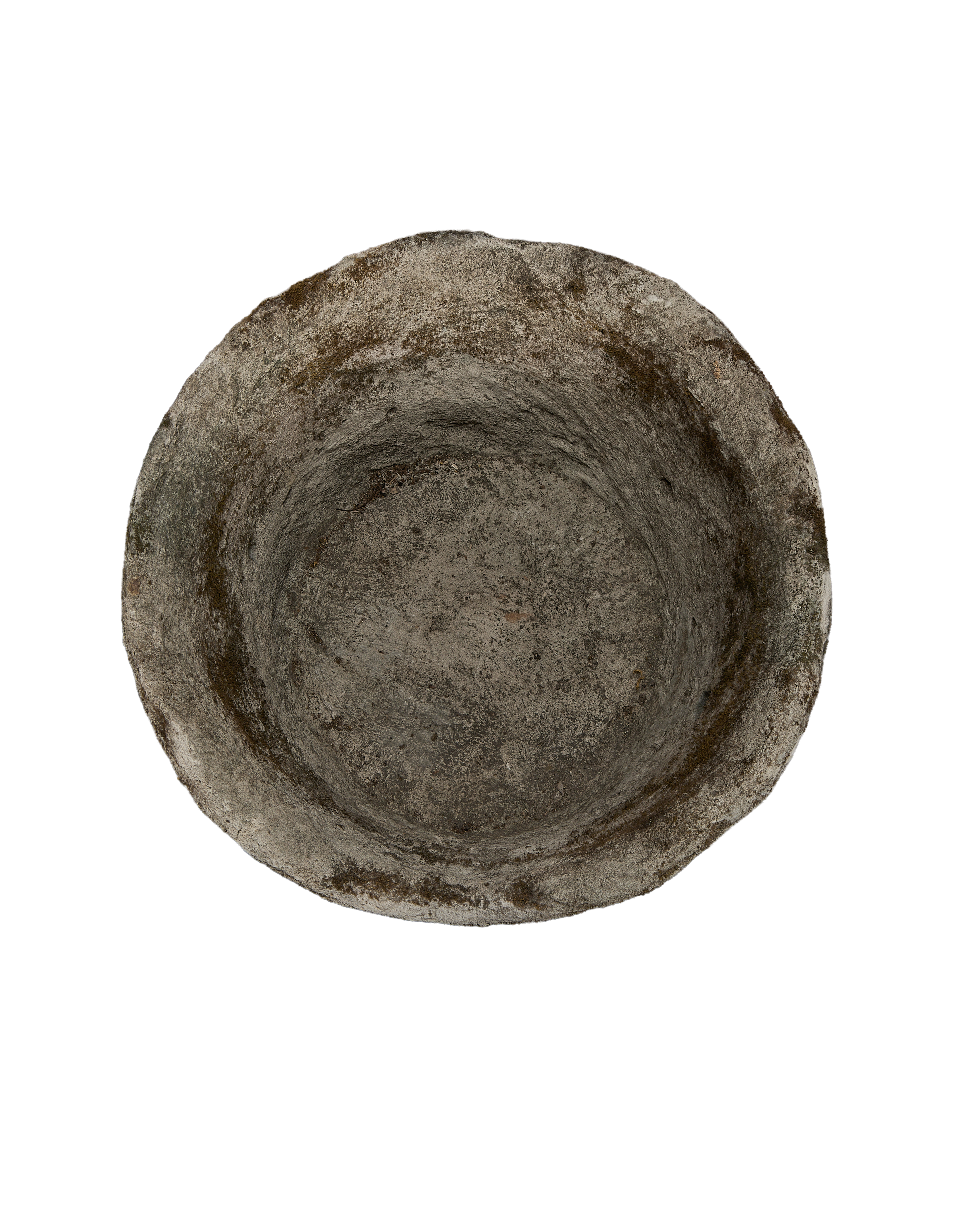 Round vintage limestone trough, Indonesia, top-down view showing interior texture and depth.