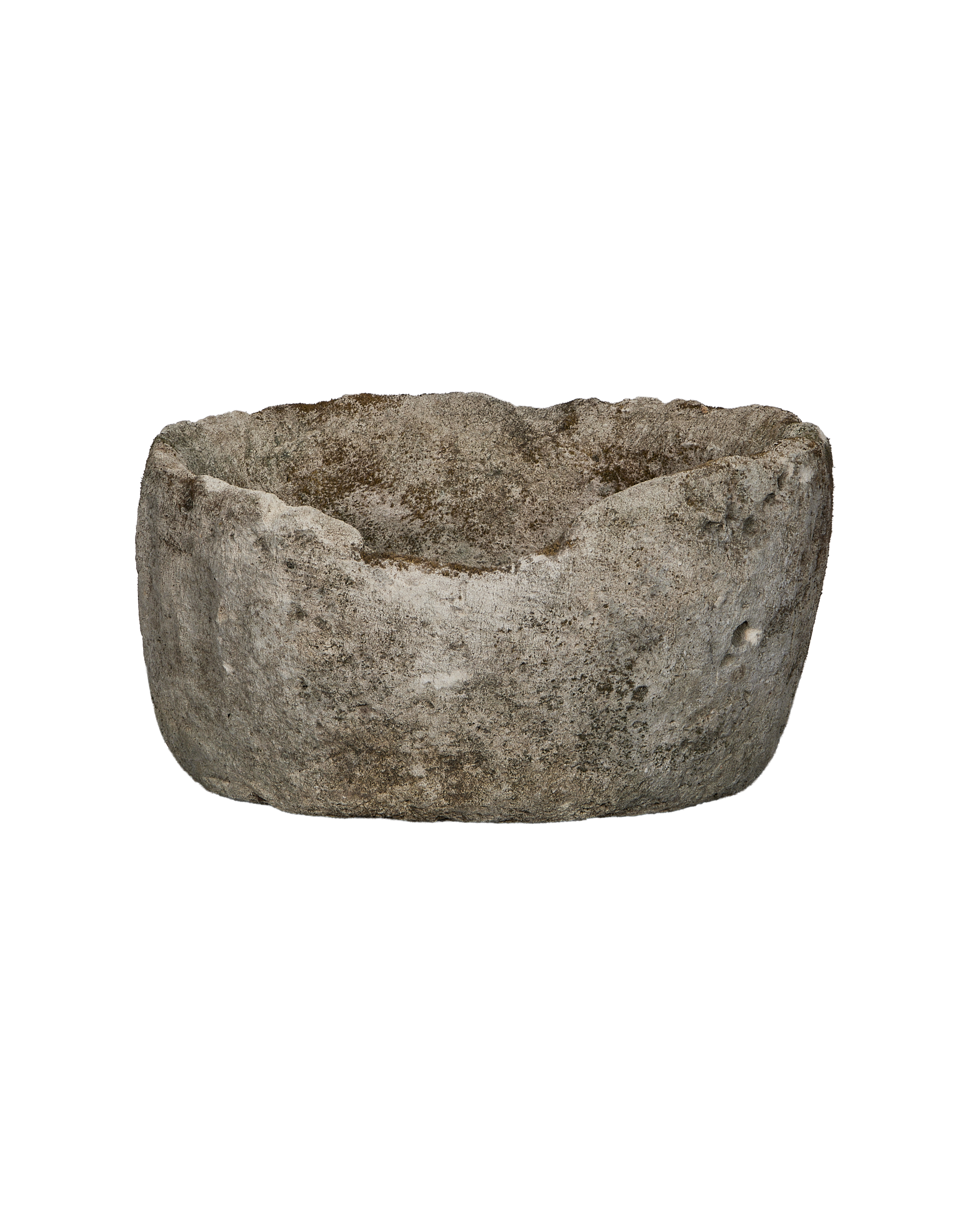 Vintage round Indonesian limestone trough, OAK, with natural texture and weathered surface.