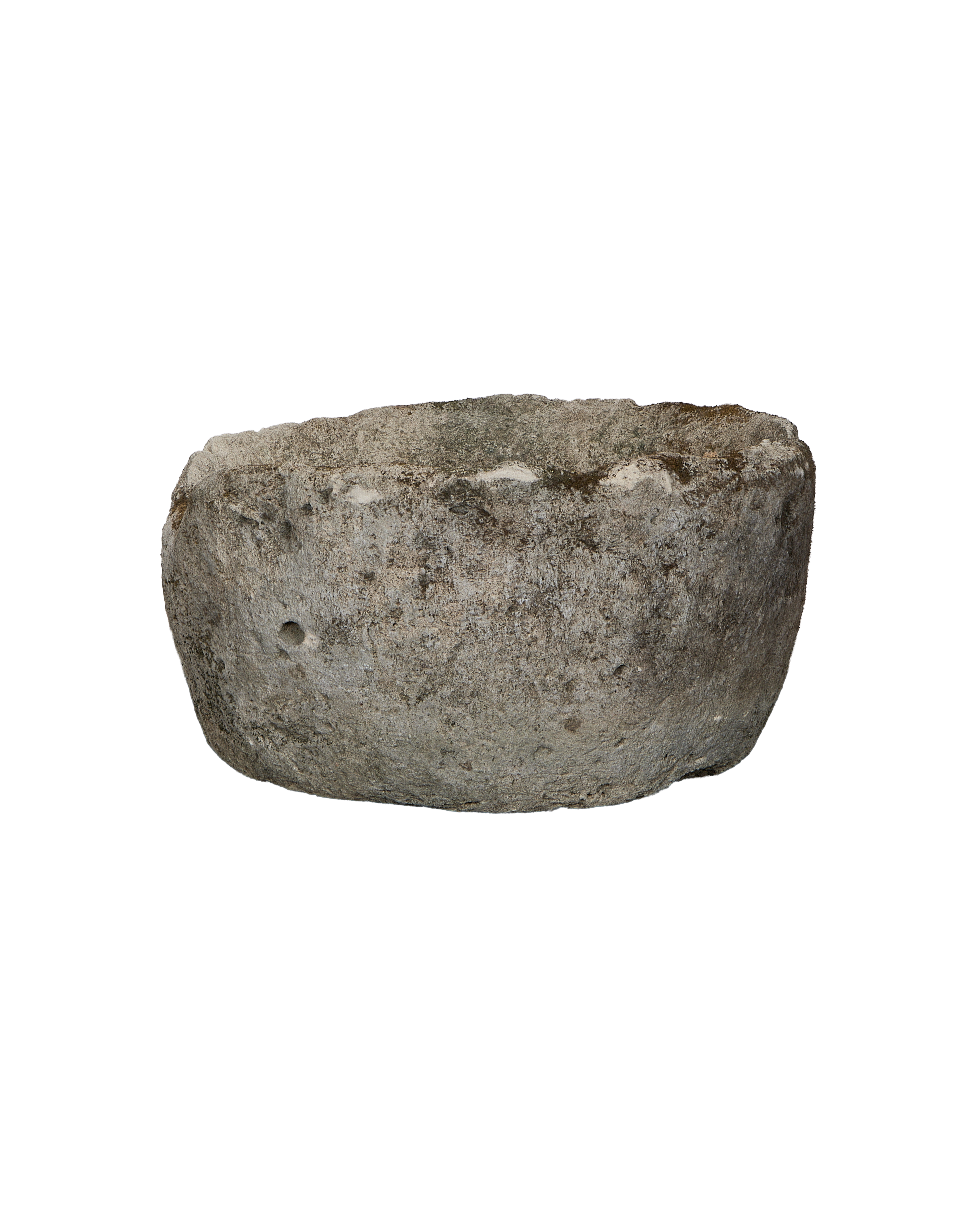 Vintage round limestone trough, aged grey surface revealing natural texture and a small drain hole.