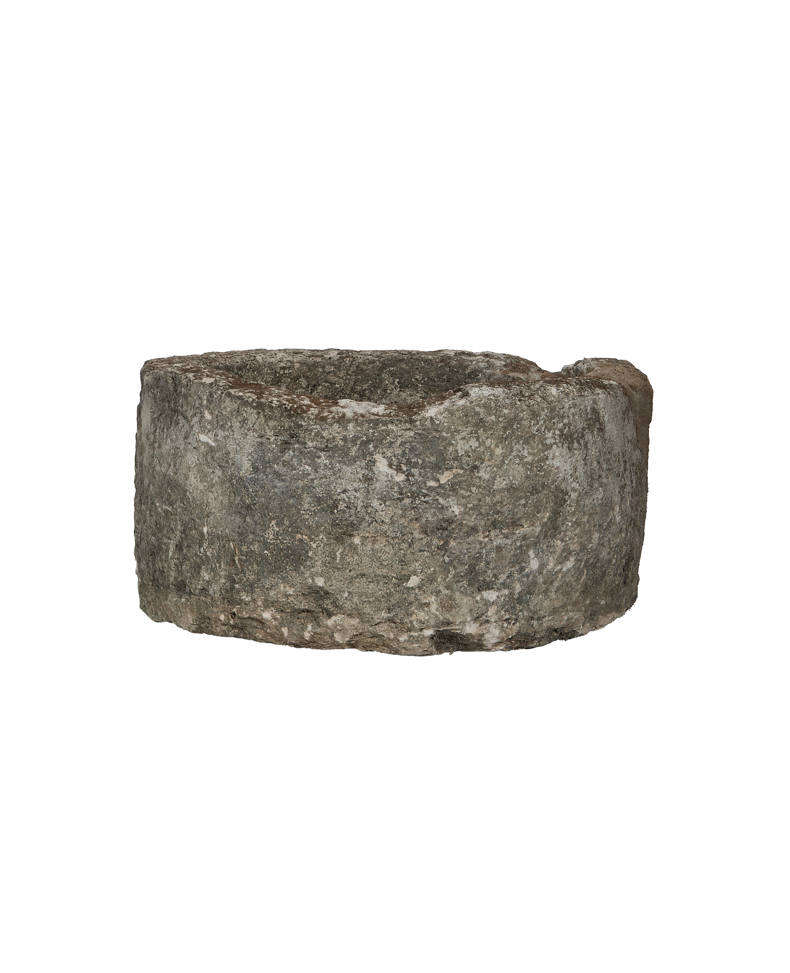 Vintage round Indonesian limestone trough, grey weathered patina, rustic condition.