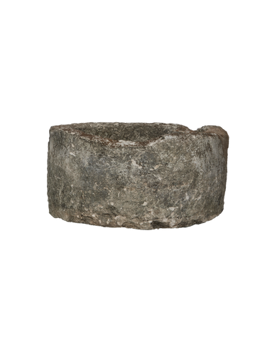Vintage round Indonesian limestone trough, grey weathered patina, rustic condition.