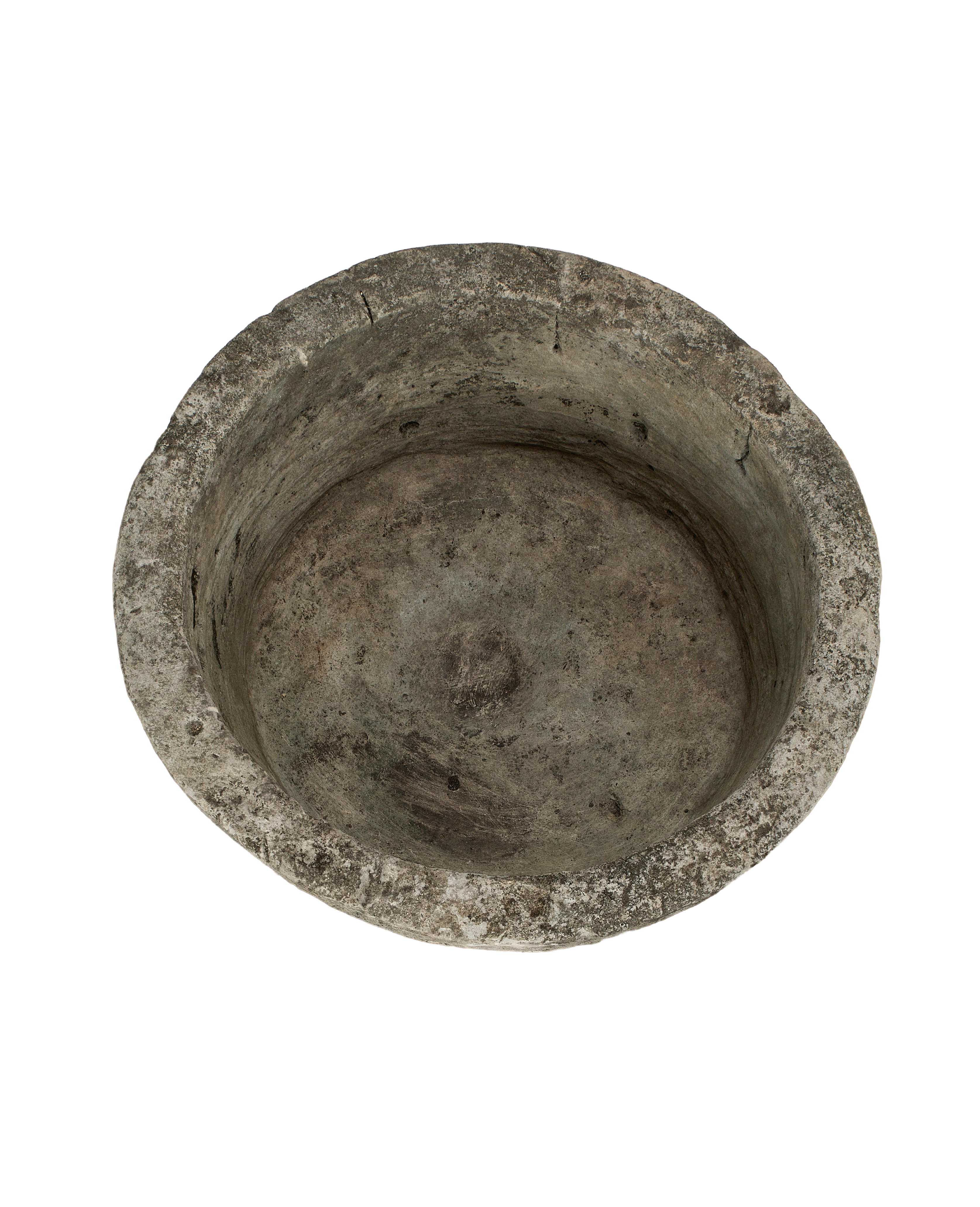 Vintage Indonesian round limestone trough, top-down view showing interior basin texture.