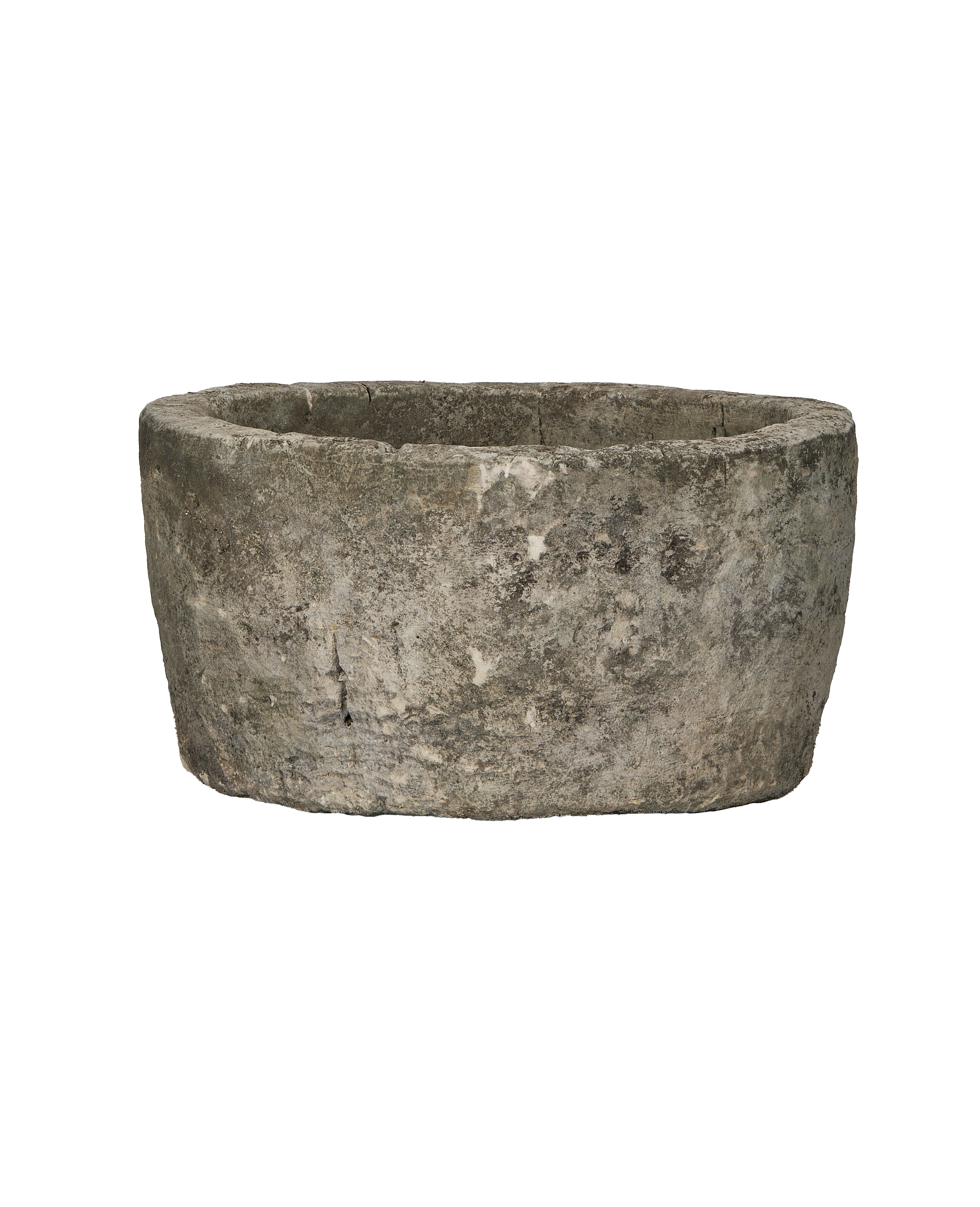 Round vintage Indonesian limestone trough with robust, weathered grey stone texture.
