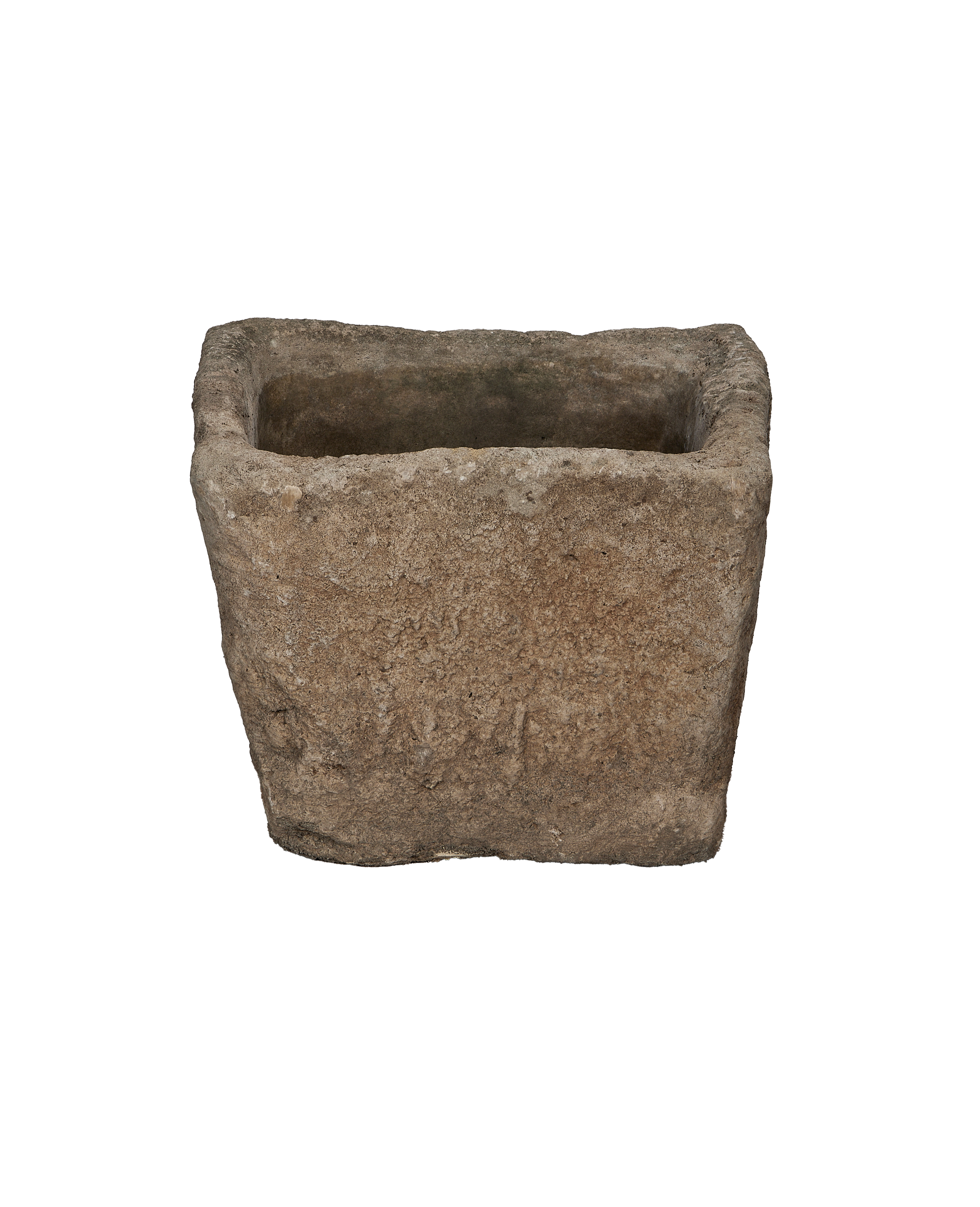 Vintage square limestone trough, weathered gray, from Indonesia. Oak, distressed condition.