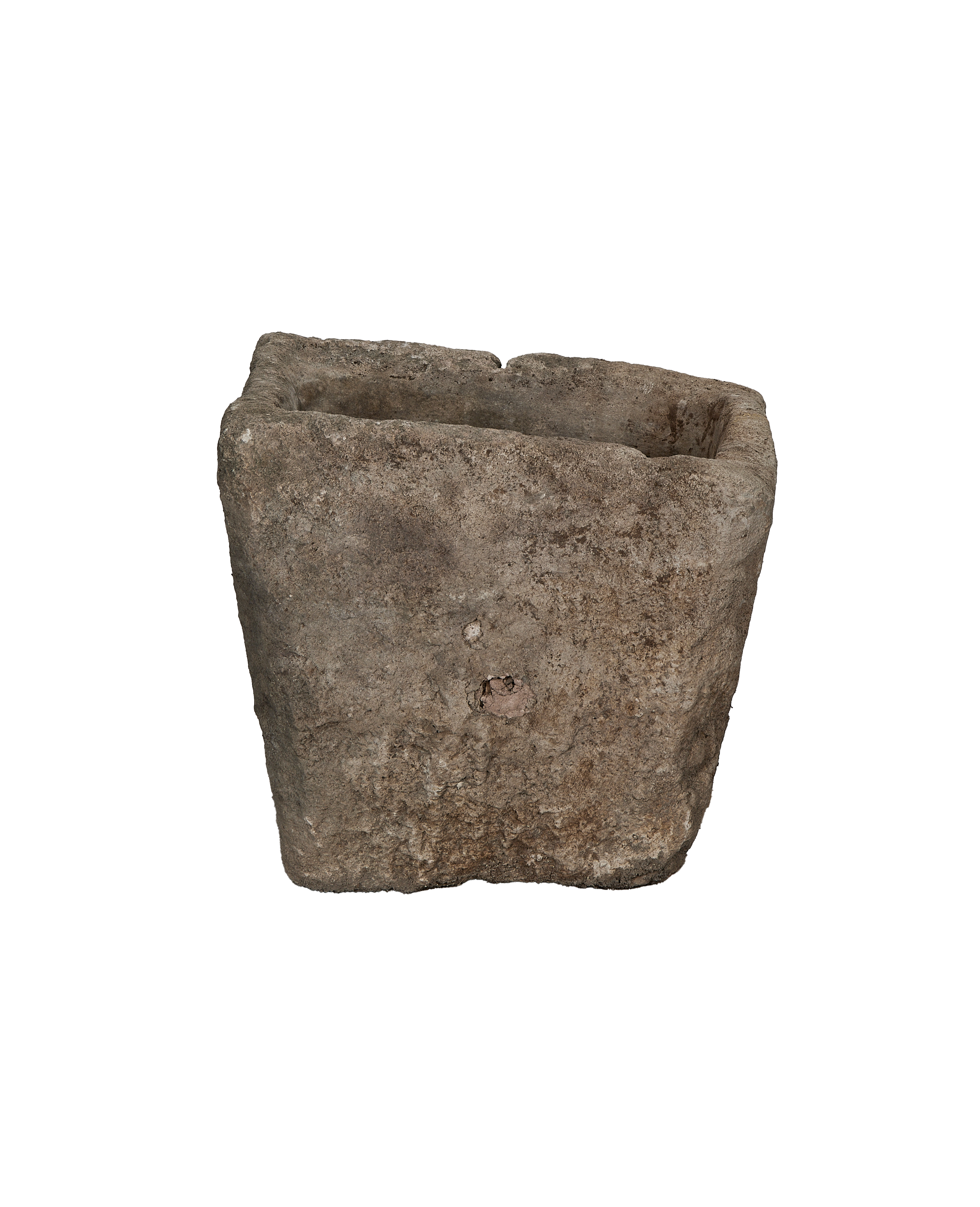 Vintage square limestone trough, weathered OAK finish, from Indonesia, angled view showing texture.