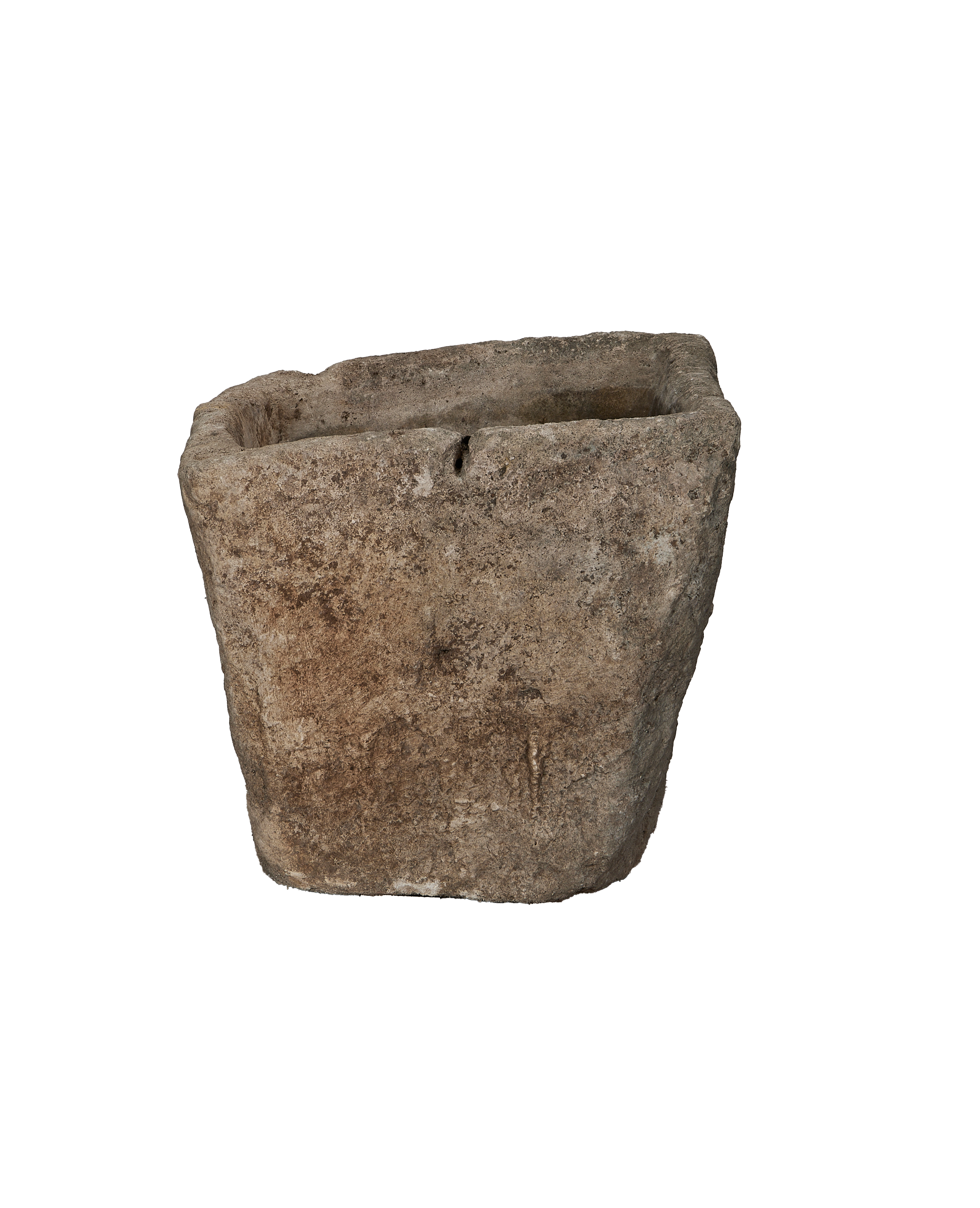 Vintage Indonesian limestone square trough, textured weathered stone surface, prominent drainage hole.