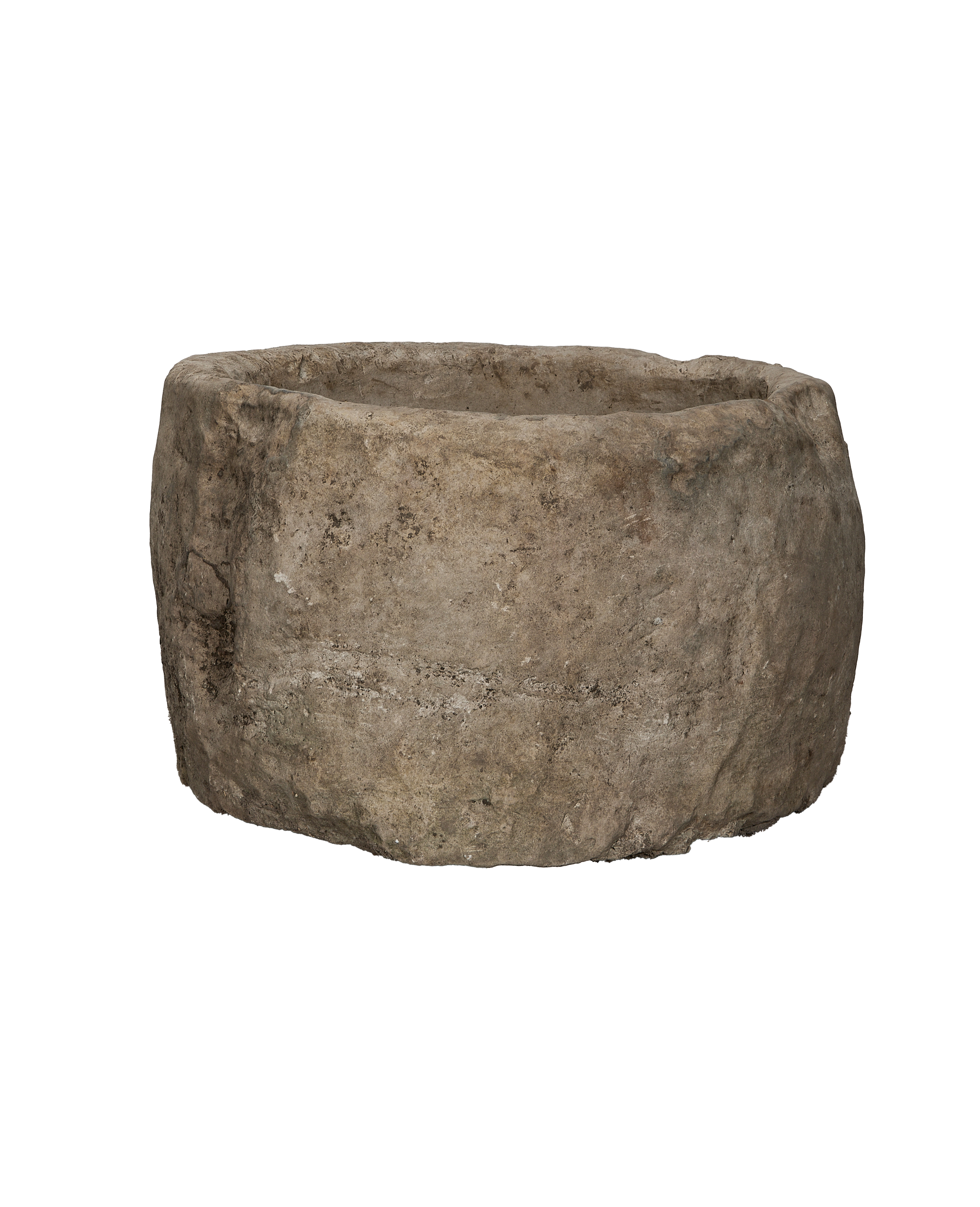 Round vintage Indonesian limestone trough with rough, weathered, unpolished surface texture and natural imperfections.