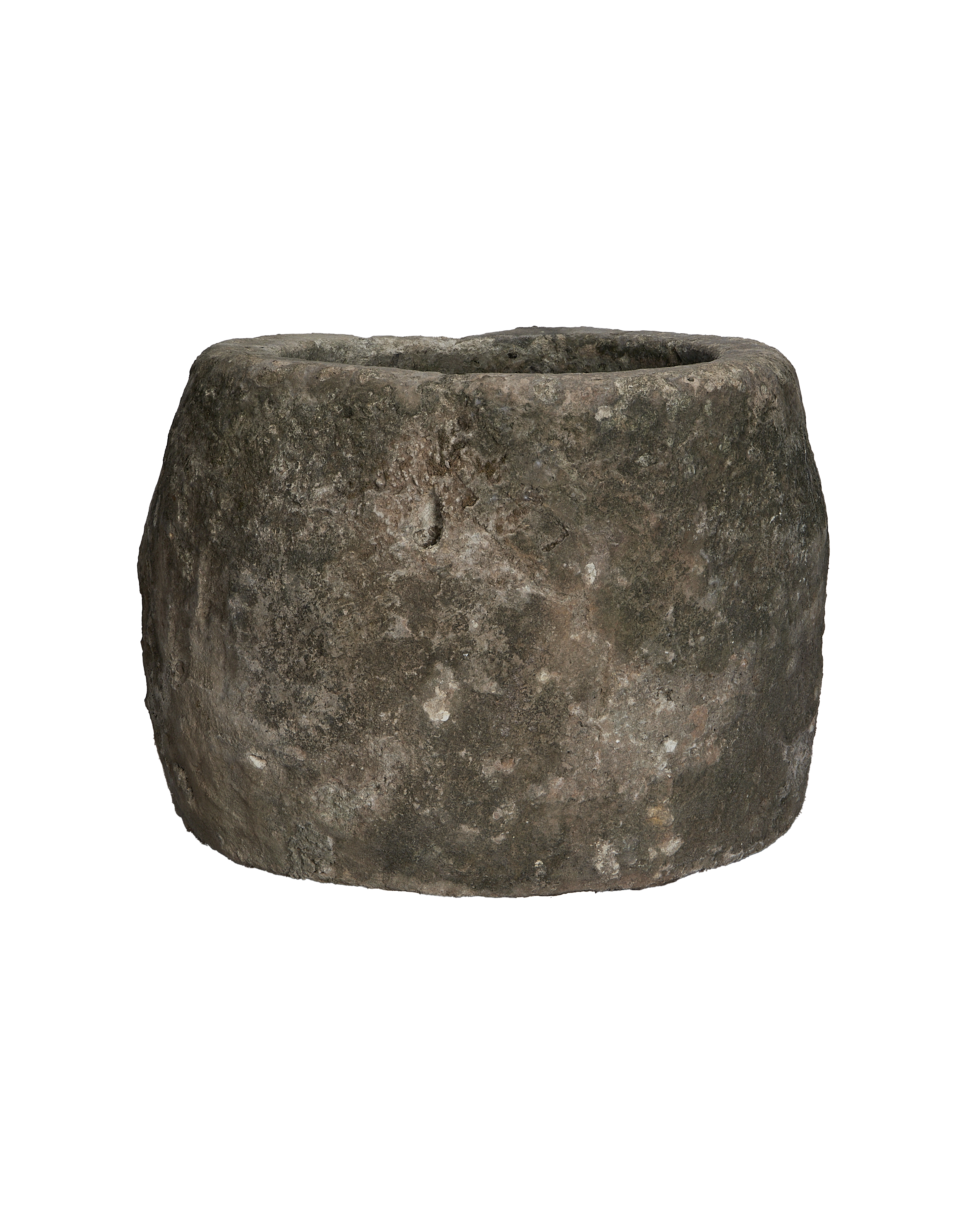 Vintage Indonesian round limestone trough, naturally weathered, grey with rough texture.