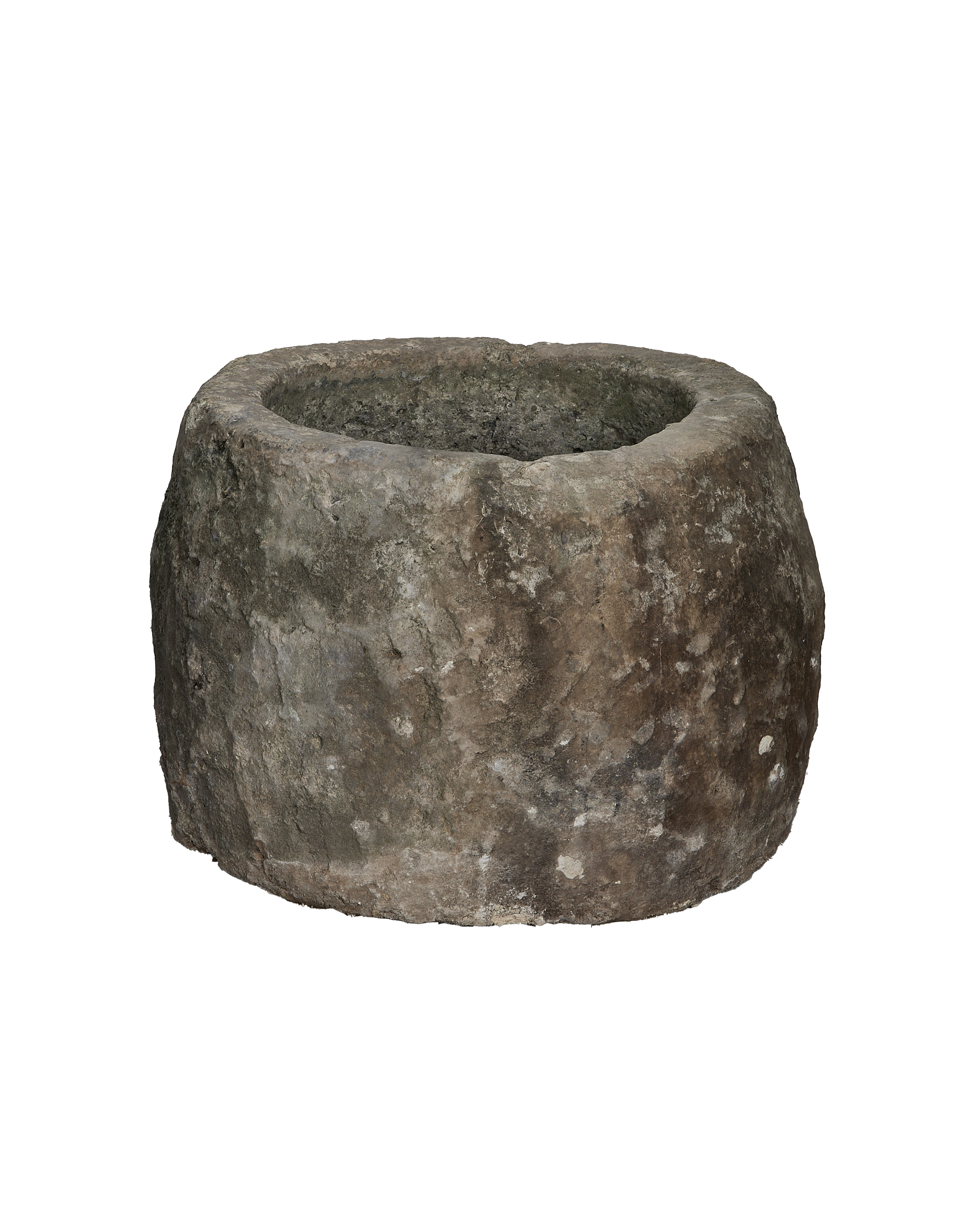 Vintage Indonesian round limestone trough, full external view highlighting rough, weathered texture and original condition.